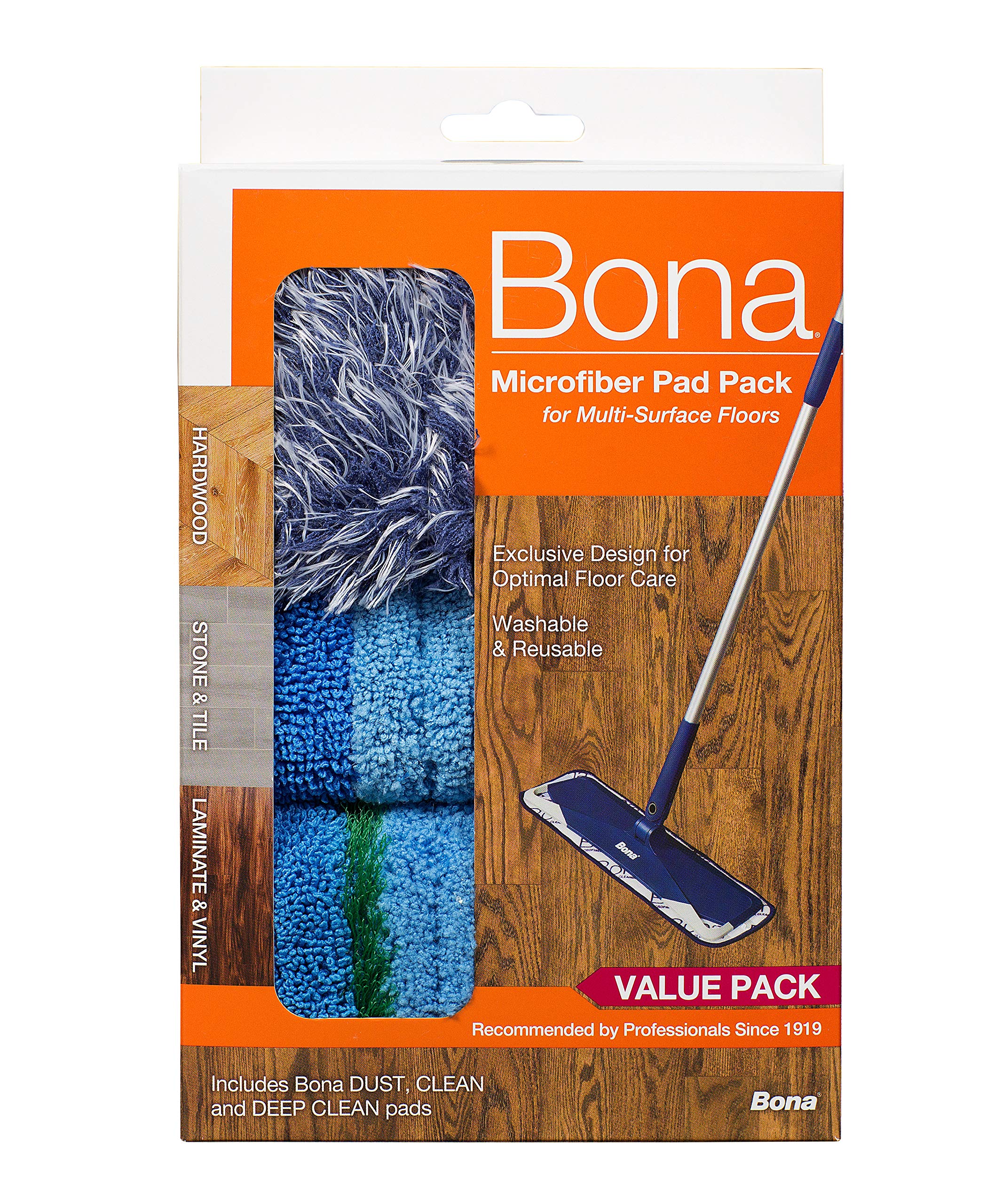 BonaMicrofiber Pad 3-Pack includes Dusting, Cleaning, and Deep Cleaning Pad, for Hardwood and Multi-Surface Floors, fits Bona Family of Mops