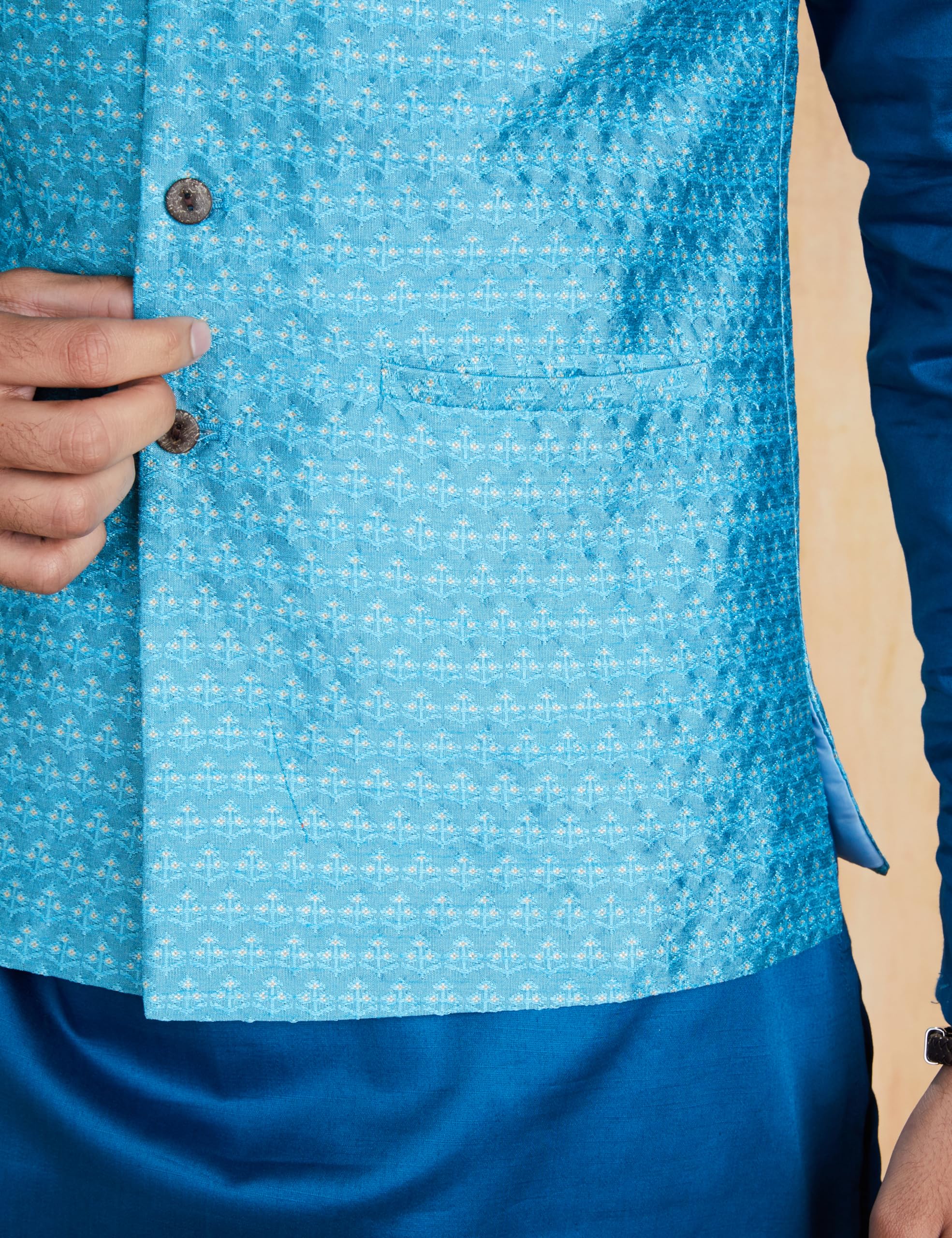 Amazon Brand - Symbol Men's Nehru Jacket with Band Collar & Button Closure Turq L - Image 5 thumbnail