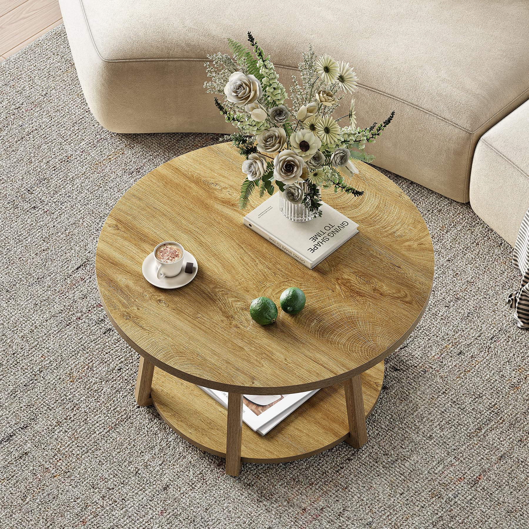 Tribesigns 80 cm Mesa de Centro Redonda con Espacio de Almacenamiento, Mesa de salón de Dos Niveles con Patas de Madera, fácil de Montar, para salón, Espacios pequeños, hogar - Roble