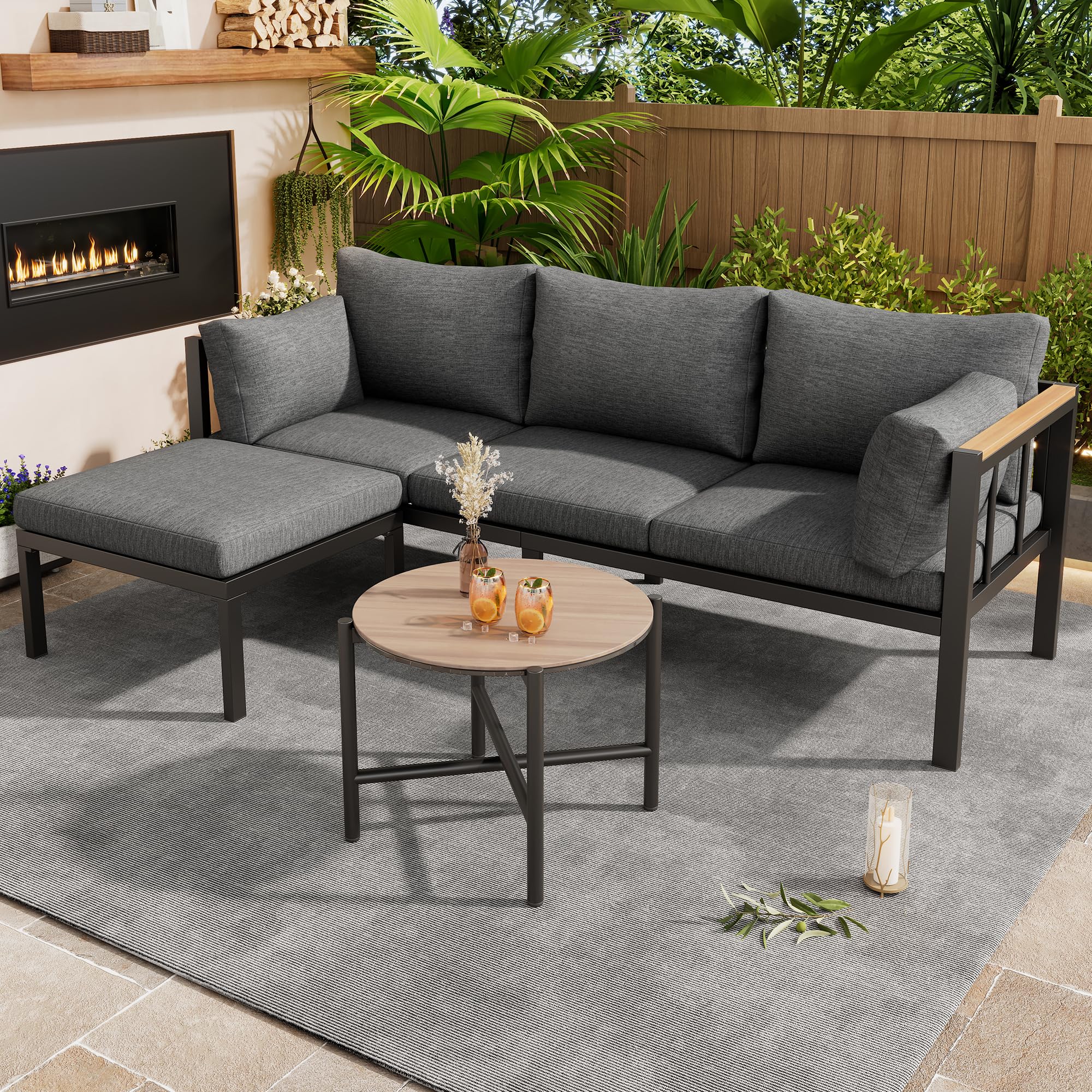 Conjunto Jardin Exterior 3 Piezas Muebles Jardin Exterior con Sofá de 3 Plazas, Banco y Mesa, Mesa y Sillas Terraza con Cómodos Cojines, Mesa y Sillas Terraza Exterior Muebles de Jardín, Gris
