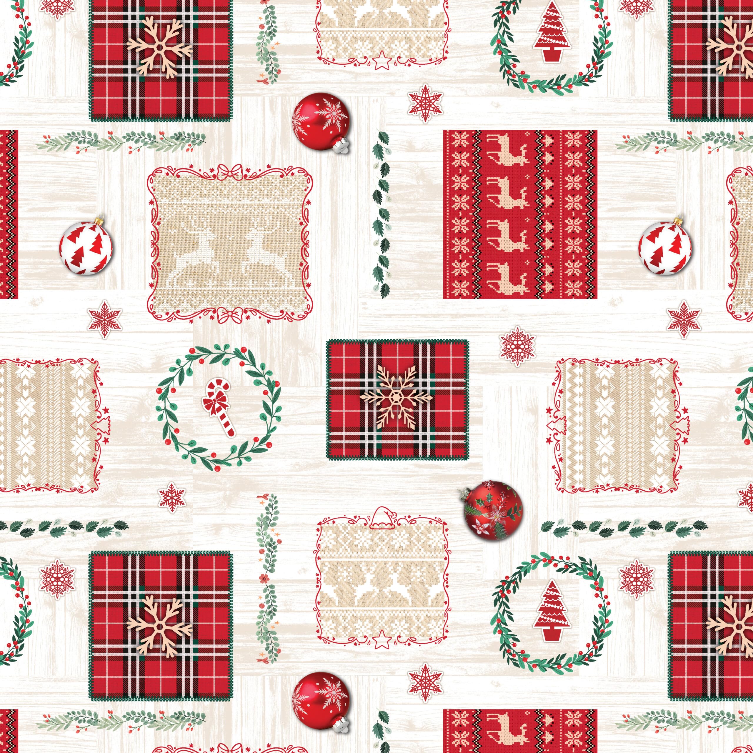 Christmas Patchwork Red Trees PVC Table cloth Off White Beige Stag Red Tartan Check Green Wreath PVC Plastic Vinyl Oilcloth Wipe Clean Party Table Cloth (300cm x 140cm 118" x 54" inches Rectangle)