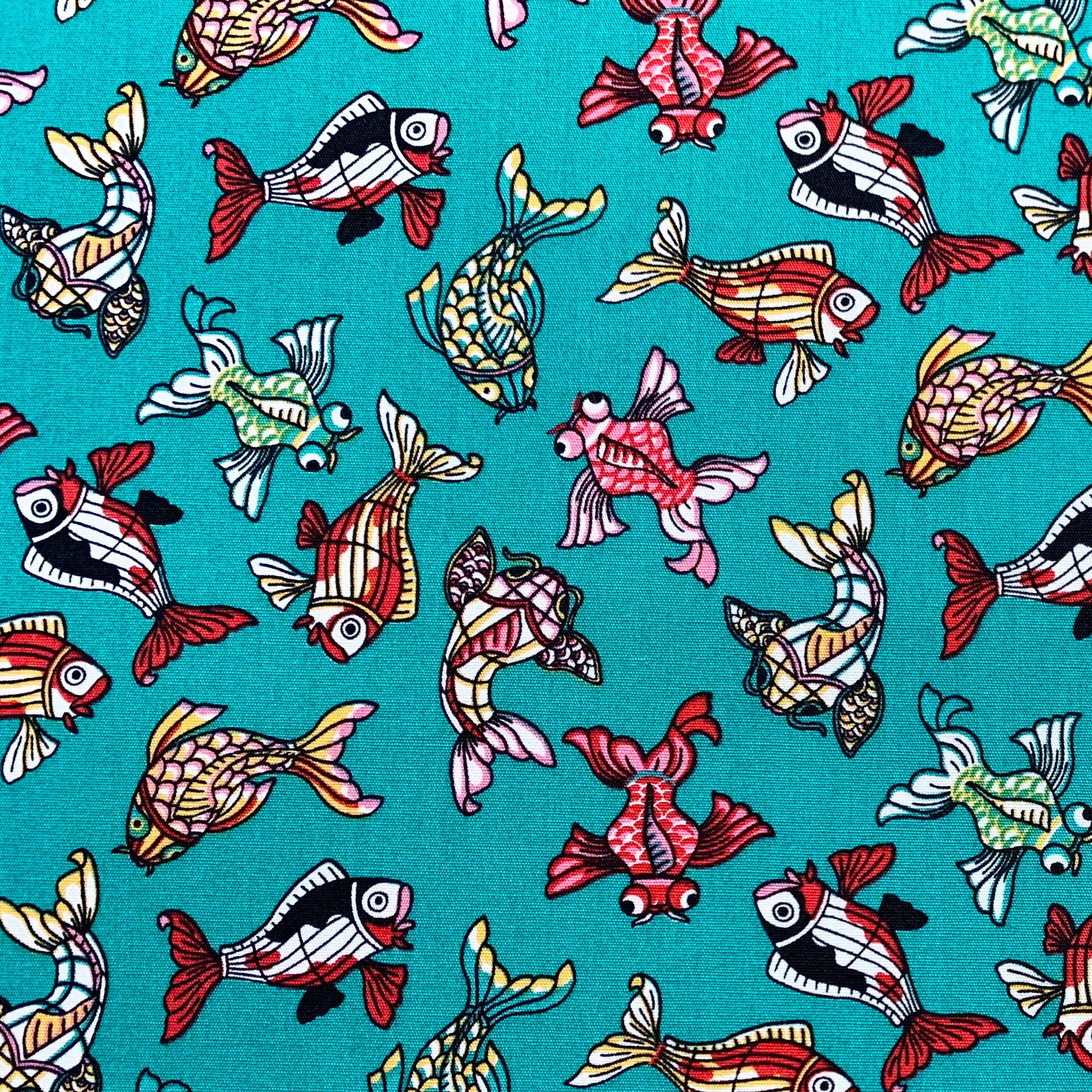 Oddies Jade Green Cotton Fabric - Oriental Fish Koi Goldfish On - Novelty Print - Crafts Poplin Fabric Material Metre