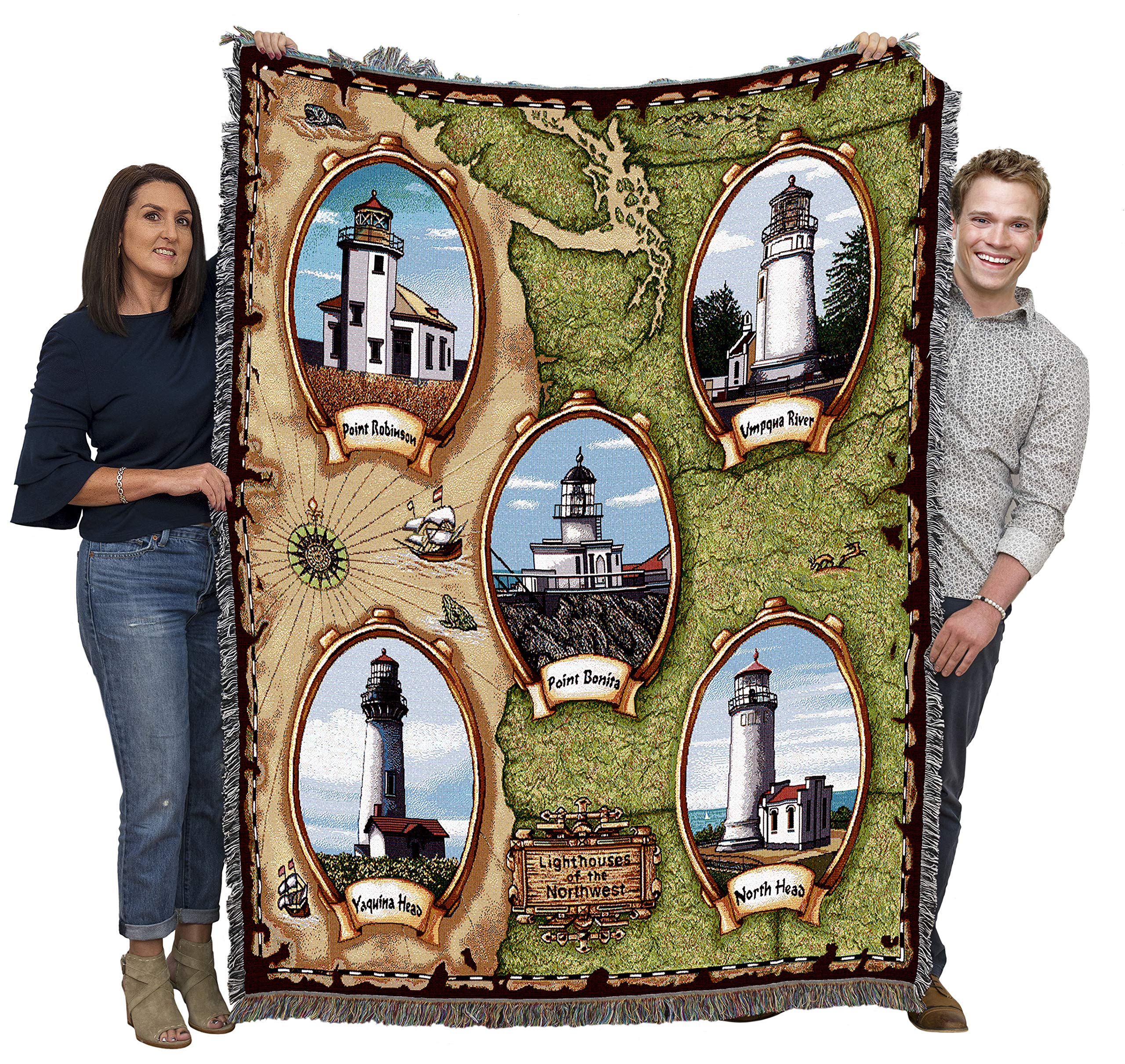 Lighthouses of The Northwest Blanket - Point Robinson Point Bonita Umpqua River Noth Head Yaquina Head - Coastal Ocean Gift Tapestry Throw Woven from