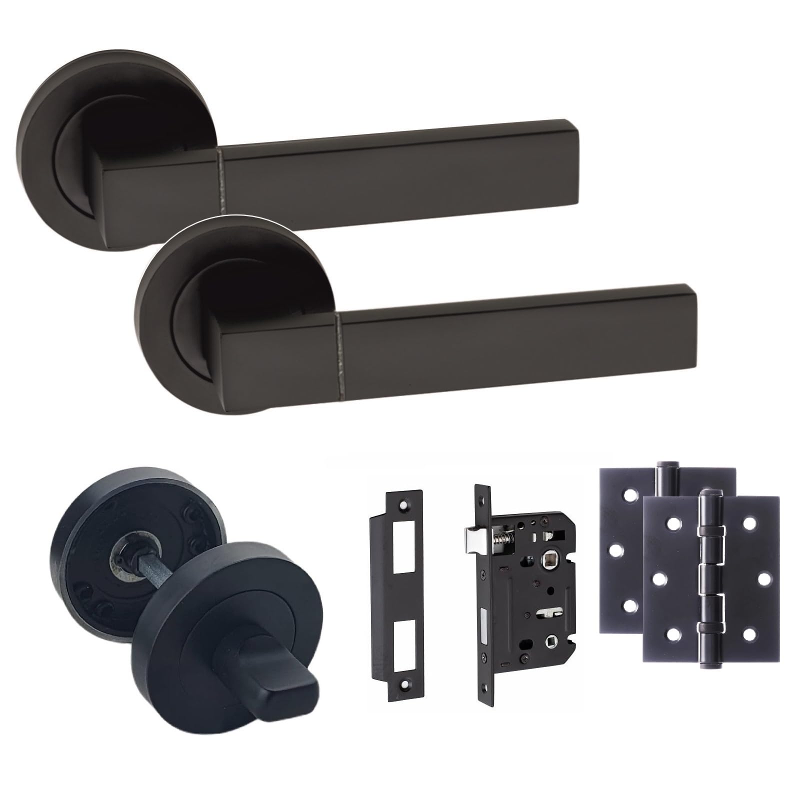 Golden Grace 1 Set Of Capri Matt Black Finish Internal Door Handle Pack For Bathrooms With Matching LockHinges And Thumbturn from B&Q
