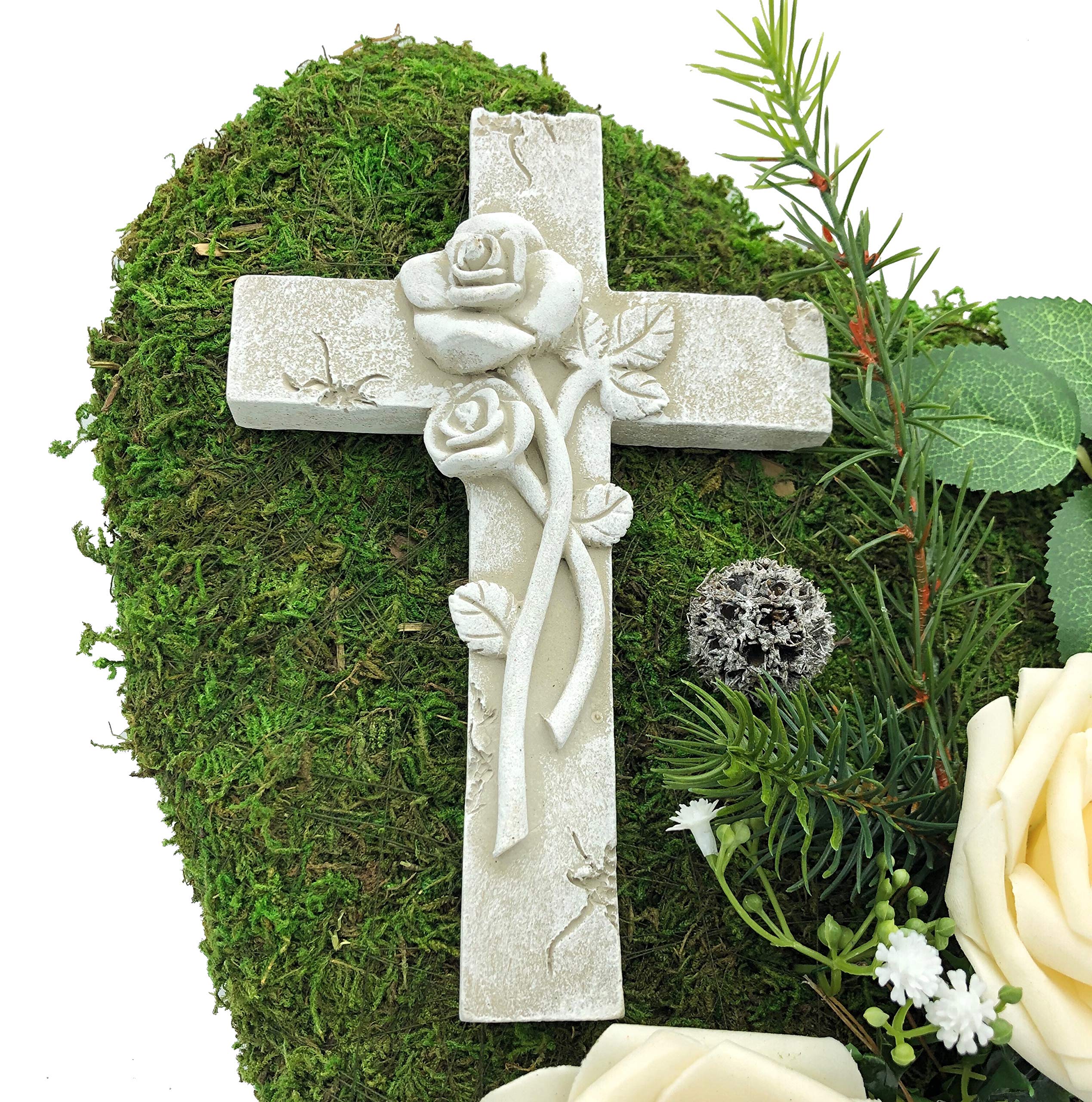 Radami Grabgesteck Grabschmuck Grabaufleger Moosherz Grabherz Trauerherz Grab Herz Gesteck Rosen mit Kreuz (Rosen Creme)
