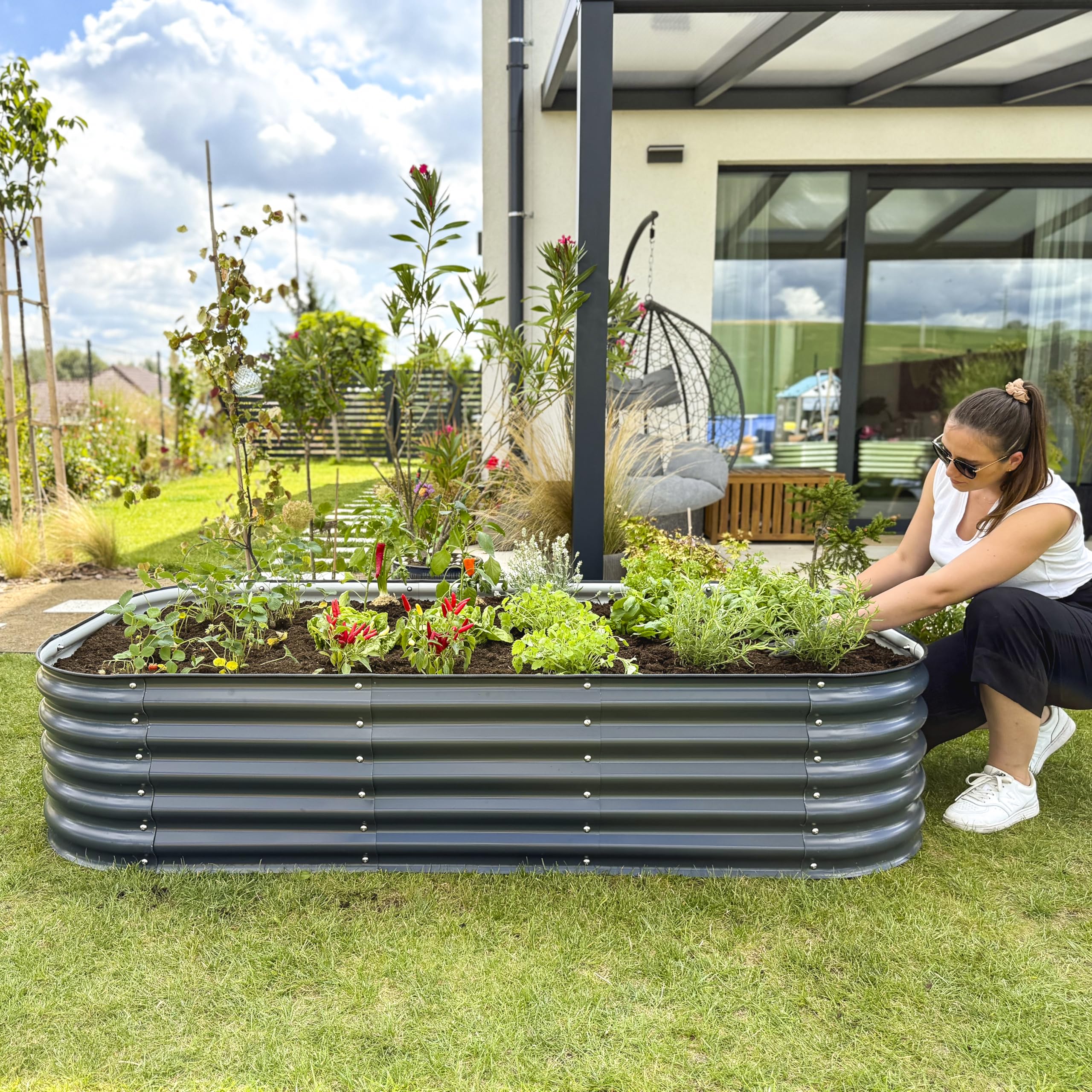 UNIGARDIA Potager Surélevé en Métal 240x60x43 cm - Bac Potager Extérieur Modulaire 9-en-1 - Jardinière Surélevée en Acier Premium, Inoxydable - Durée de Vie Minimum 20 Ans, Anthracite