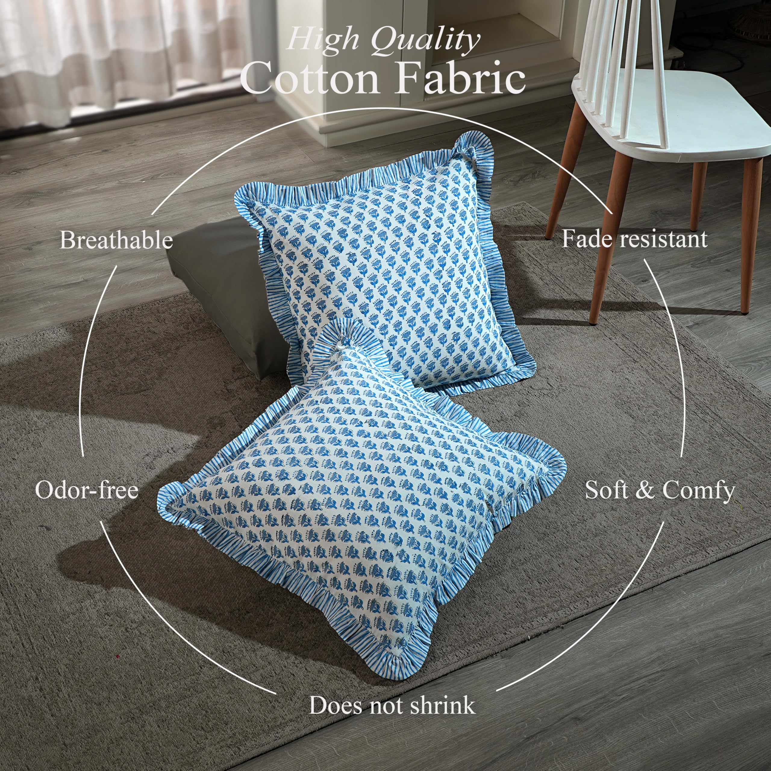 CPC Housse de Coussin à Volants en Coton à Rayures pour canapé, 45,7 x 45,7 cm, taie d'oreiller à Volants et Fermeture éclair dissimulée de 35,6 cm, Bleu Apatite