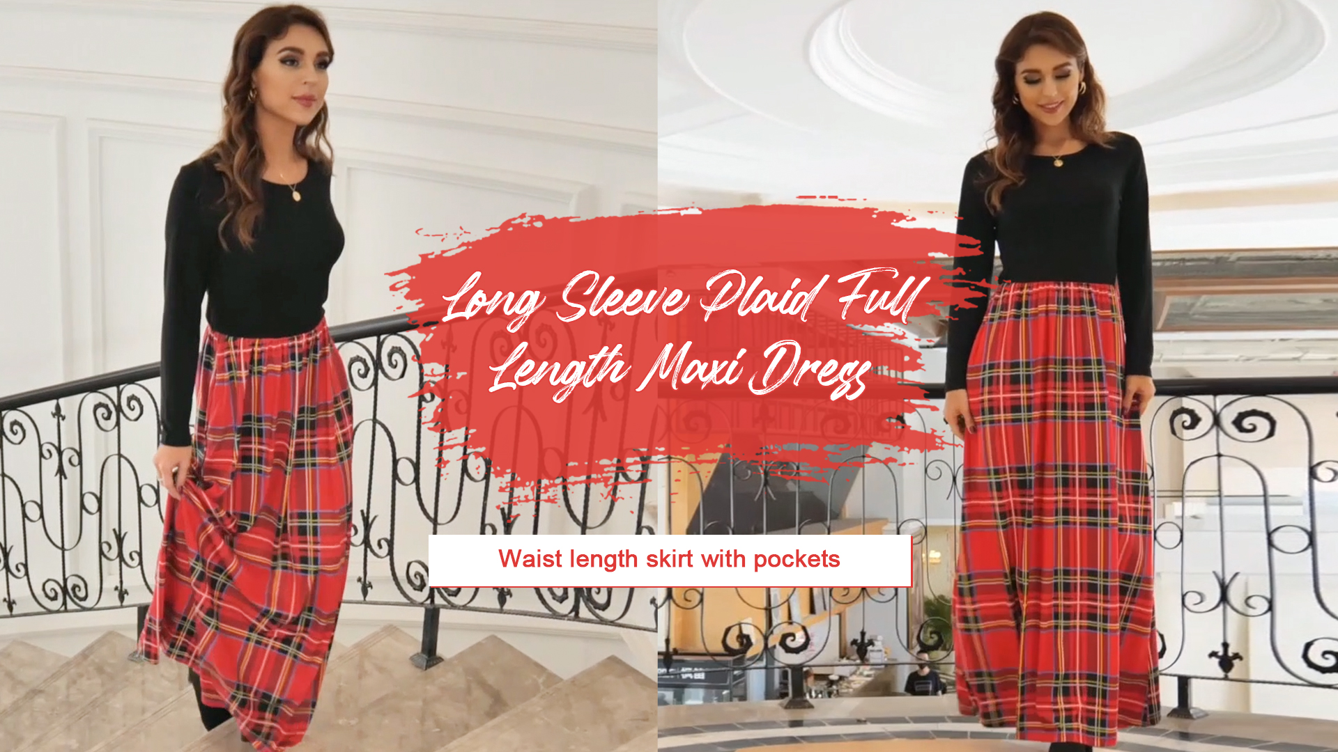 MEROKEETY Women's Plaid Long Sleeve Empire Waist Full Length Maxi Dress,  Black Green, Small at Amazon Women's Clothing store