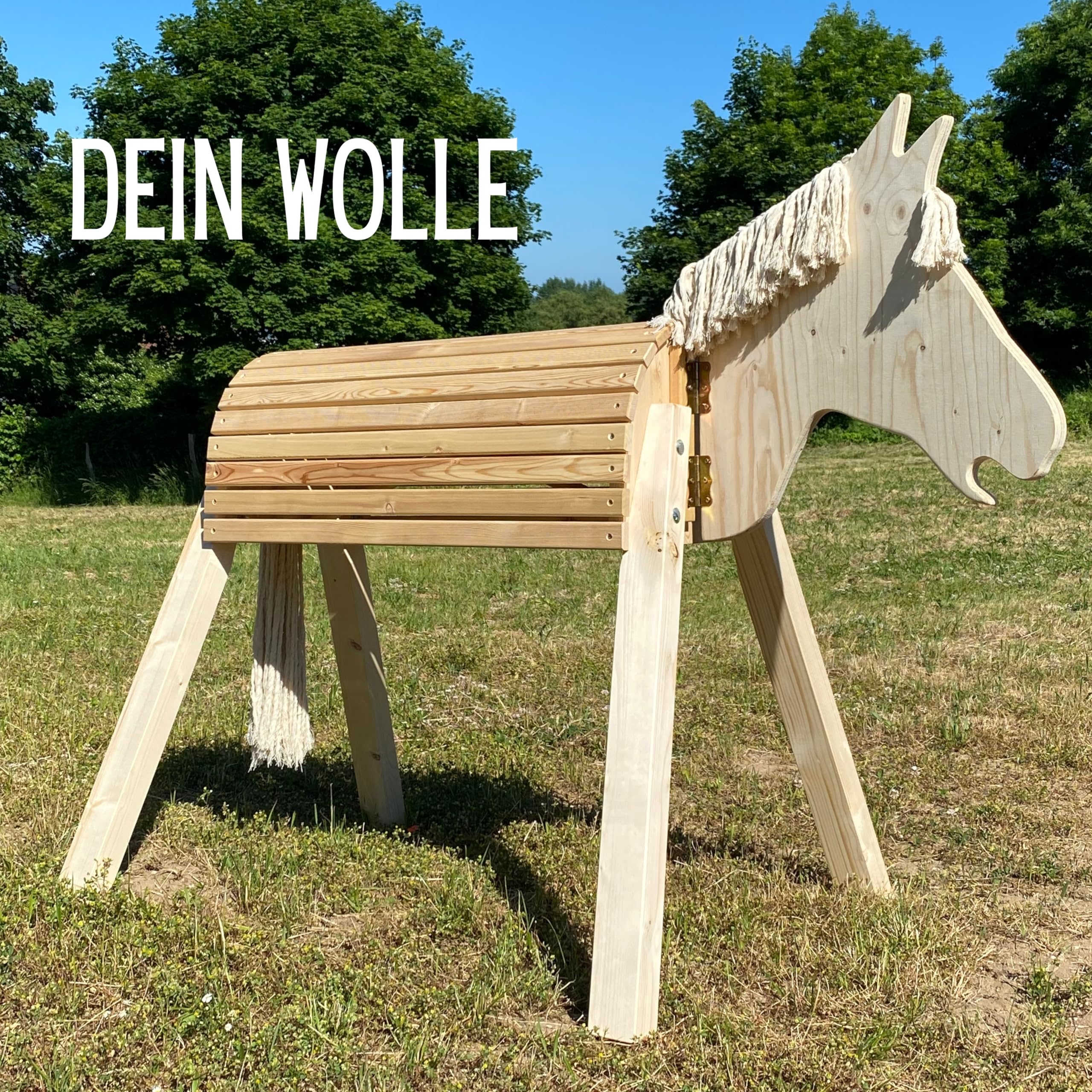 Wolle 100cm für draußen Reitpferd Garten Voltigierbock für Kinder, Stehpferd groß, Gartenpferd handgefertigt aus Deutschland, Voltigierpferd Holzpony mit Mähne