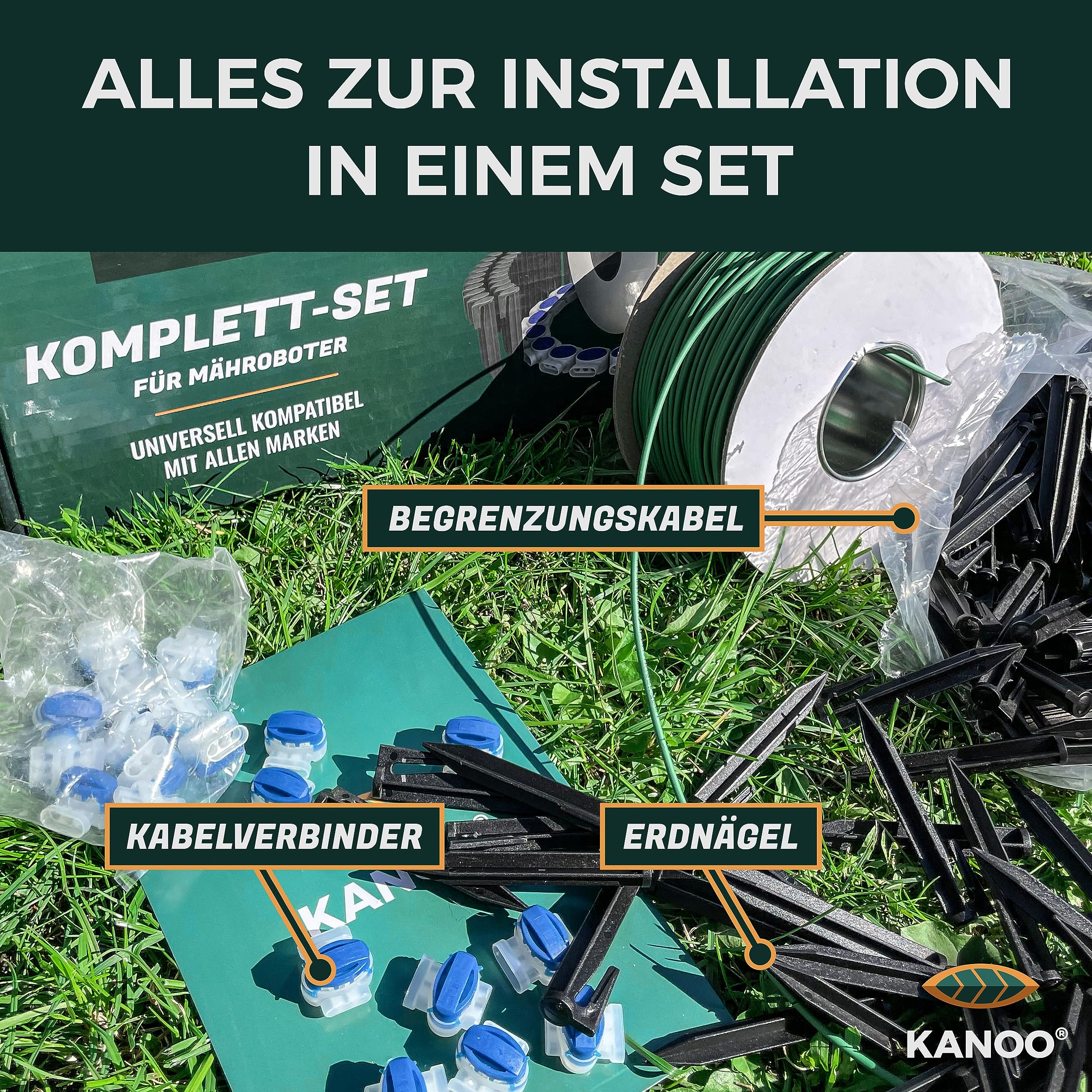 Kanoo Kit di installazione per robot tosaerba con cavo da 500 m, 1000 picchetti, 20 connettori - Kit completo per posa di cavi periferiche di tutte le marche comuni