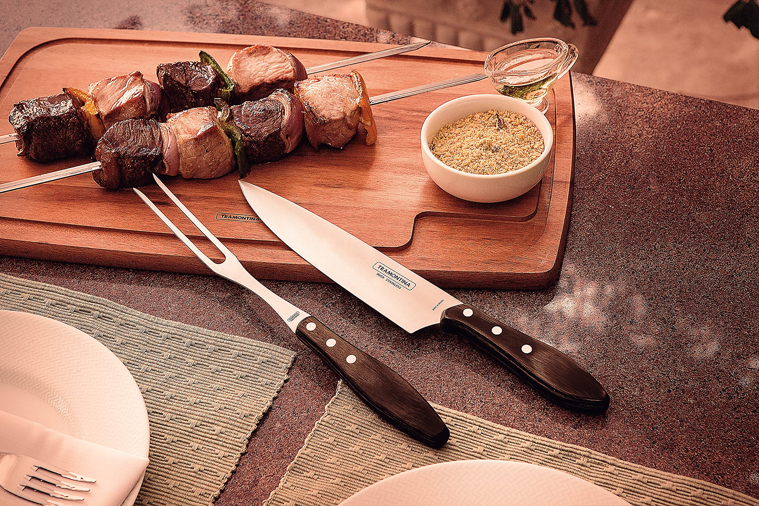 TRAMONTINA - Juego de Cubiertos Churrasco, para Carne, en Acero Inoxidable y Mangos de Madera Polywood en Color Castaño, Utensilios con Remaches, 2 Piezas