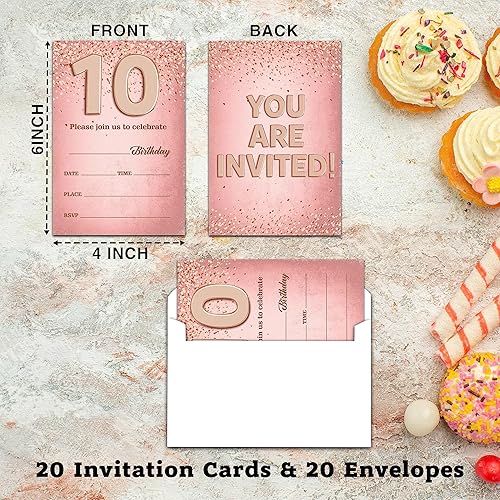 Miniatura 2 de Invitaciones de cumpleaños número 10 para niños, tarjetas de invitación de fiesta de cumpleaños de oro rosa, suministros de decoración de fiesta de