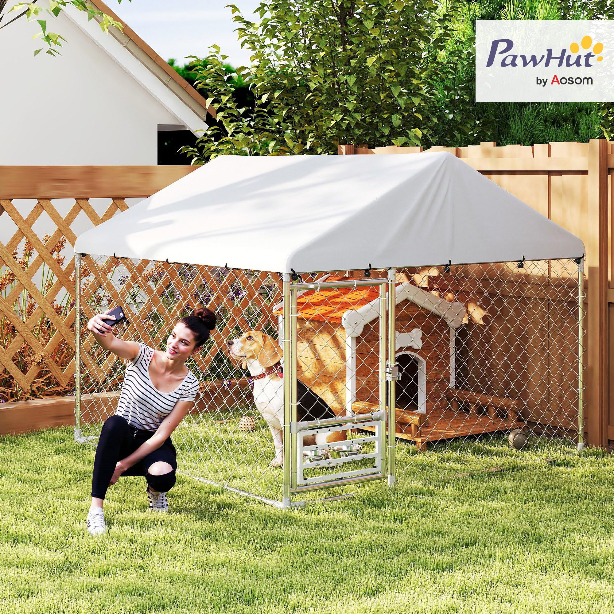 PawHut Perrera de Exterior con Techo Impermeable 2x2x1,55 m Jaula para Perros de Acero Galvanizado Soporte Ajustable y Giratorio para Comida 2 Cuencos para Perros Medianos y Pequeños