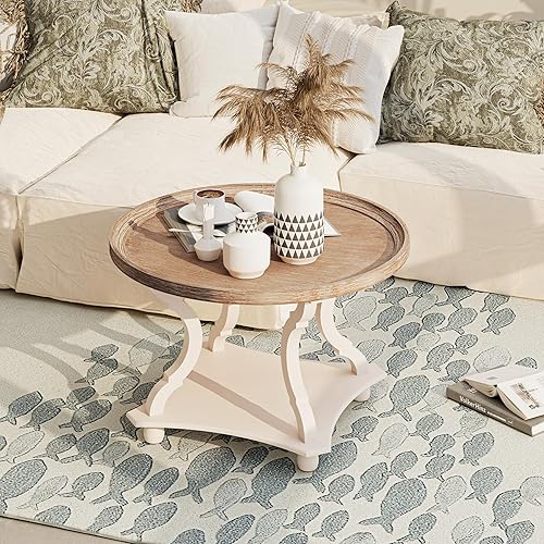 Miniatura 7 de LONYKE Mesa auxiliar redonda de granja con acabado hecho a mano, bandeja de madera con parte superior rústica para mayor grosor, mesa auxiliar con