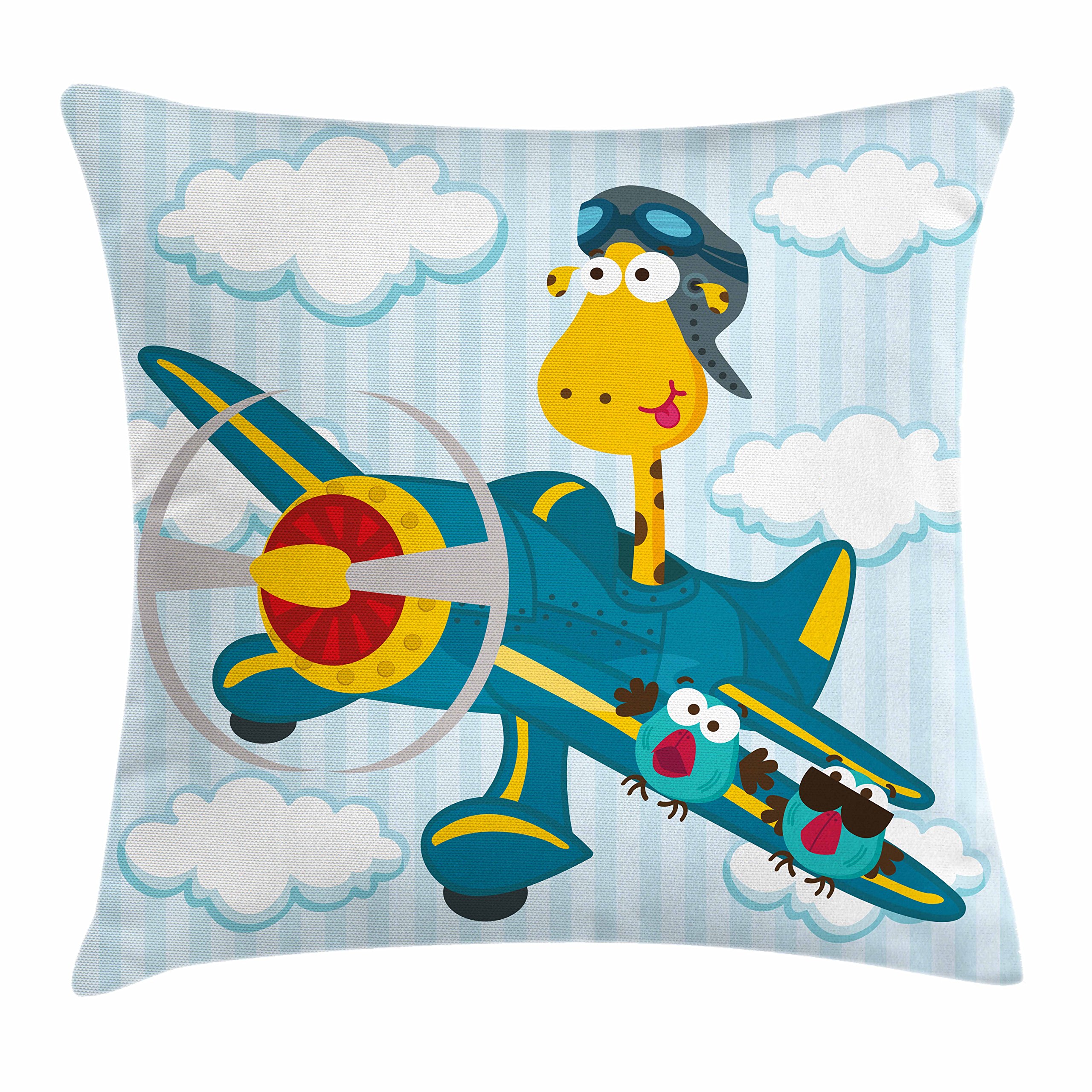 Lunarable Cartoon Throw Pillow Cushion Cover, Giraffe on a Blue Plane with 2 Birds Animal Aviation Goggles, Decorative Square Accent Pillow Case, 28