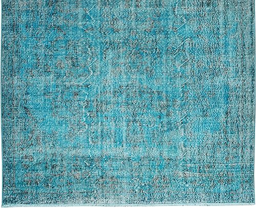 Miniatura 5 de 6.3x10 Ft Handmade Vintage Turkish Rug Over-Dyed in Teal for Modern Interior