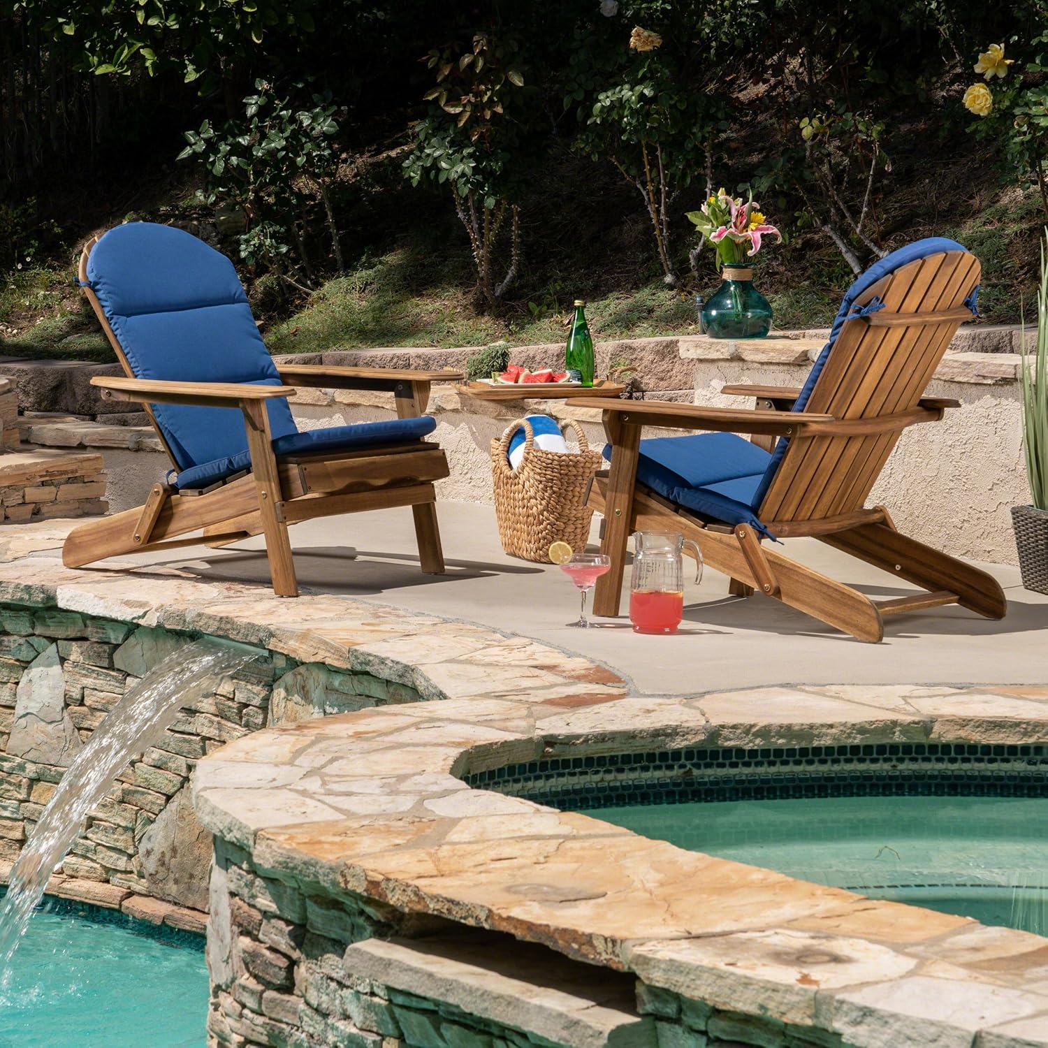 Great Deal Furniture Noble House Malibu Wood Adirondack Chair with Cushion (Set of 2) Natural/Navy