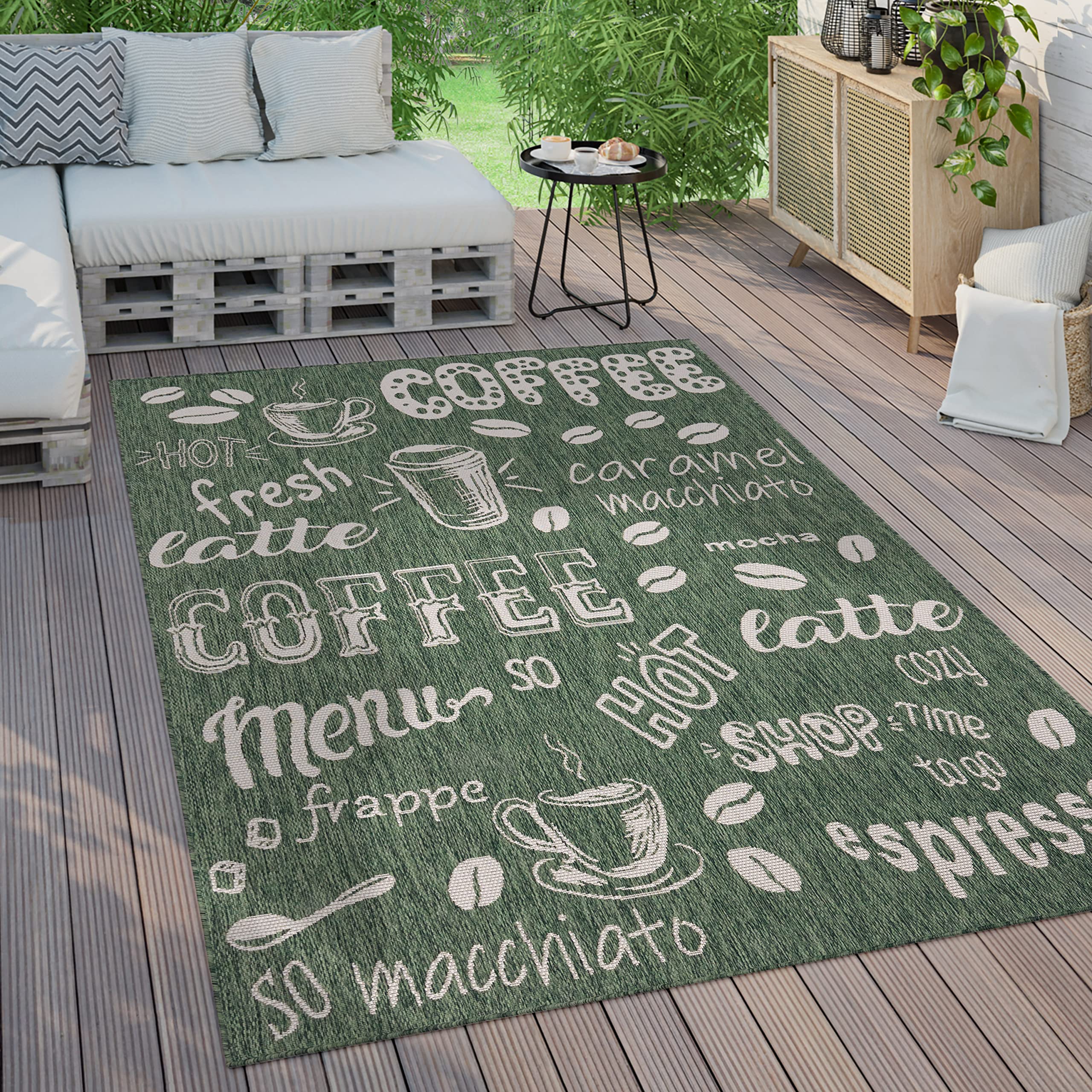 Paco Home Outdoor Teppich Wetterfest Wohnzimmer Balkon Küchenteppich Modernes Muster Mit Schriftzug, Grösse:120x160 cm, Farbe:Grün
