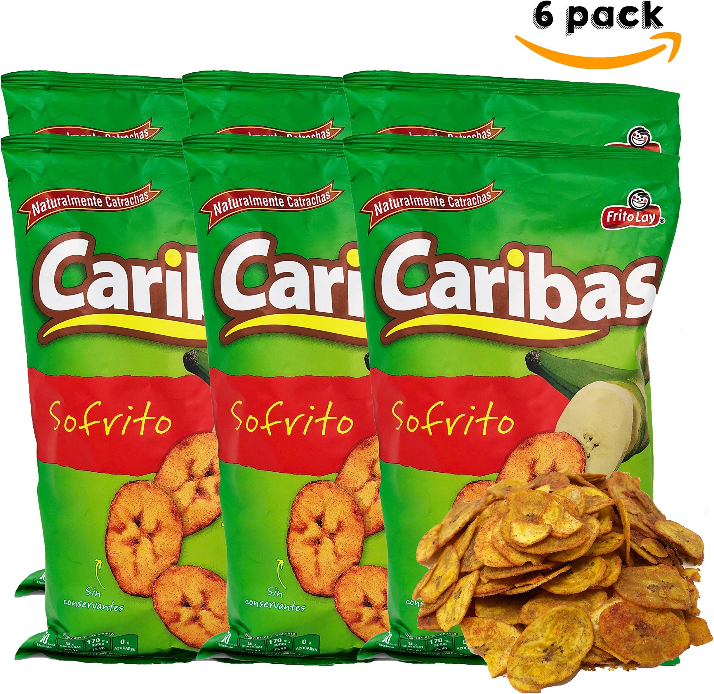 Caribas Plantain Chips: Fried Plantain Chips With Flavor Sofrito | Source Of Fiber | No Preservatives|135g (4.7 ounces)6 pack