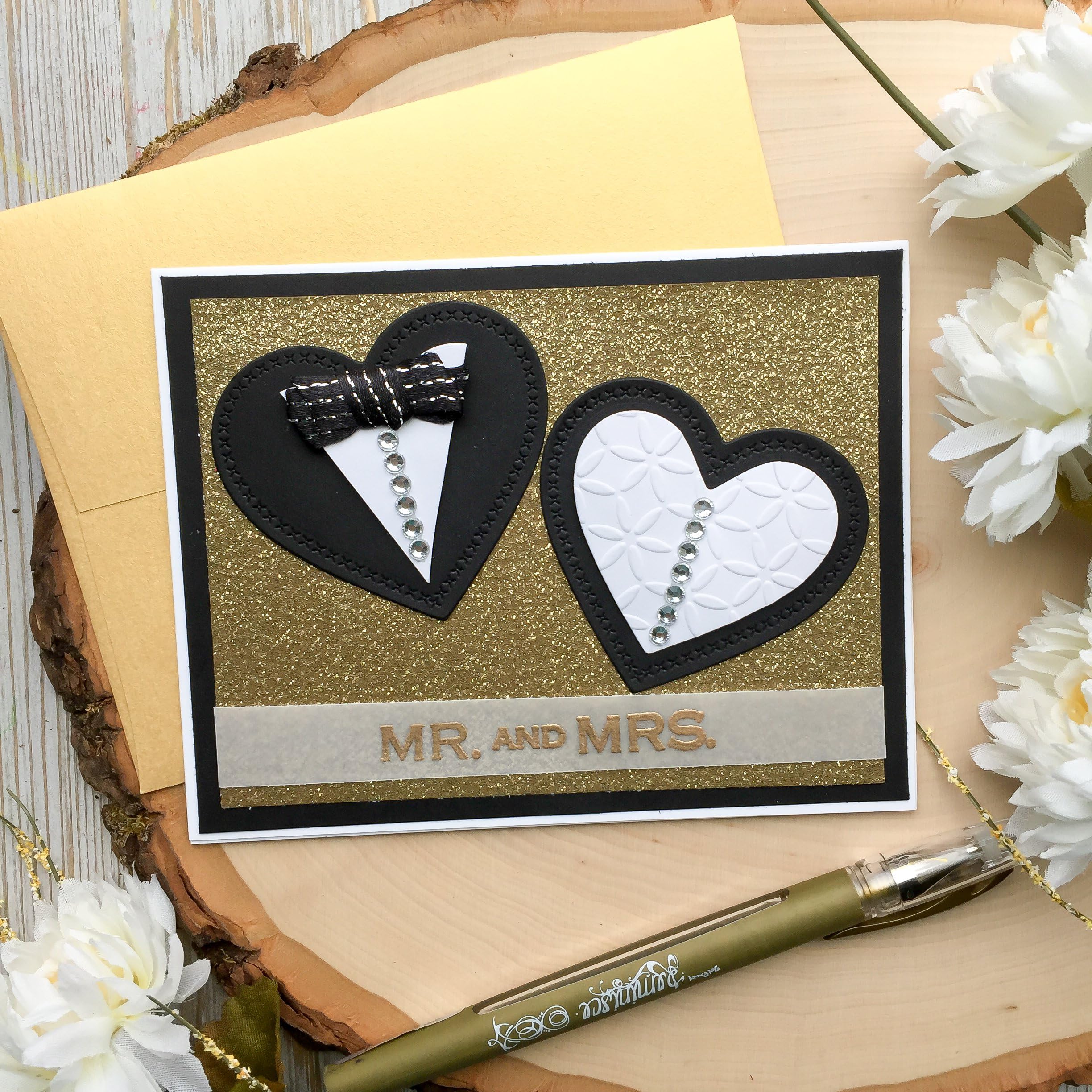 Gold Wedding Card, Handmade Wedding Card, Mr and Mrs, Hearts, Greeting Cards, Handmade Card, Wedding, Wedding Dress, Tuxedo, Gold Foil