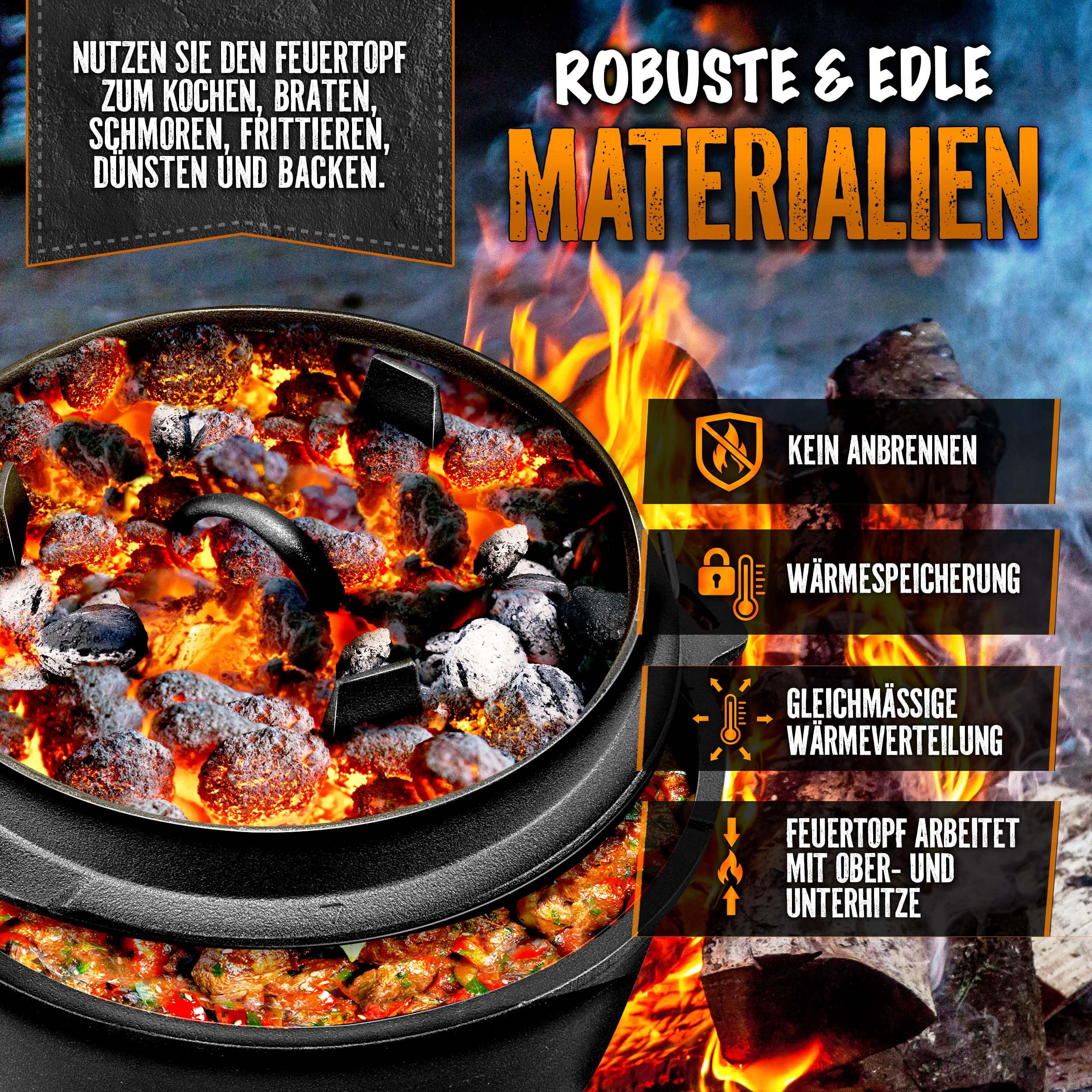 grillas Dutch Oven Set inkl. Rezeptideen | bereits eingebrannt - preseasoned | Feuertopf Gusseisen I Bräter mit Deckelheber und Henkel (Topf mit Füße, 4,2 Liter / 4,5 QT)