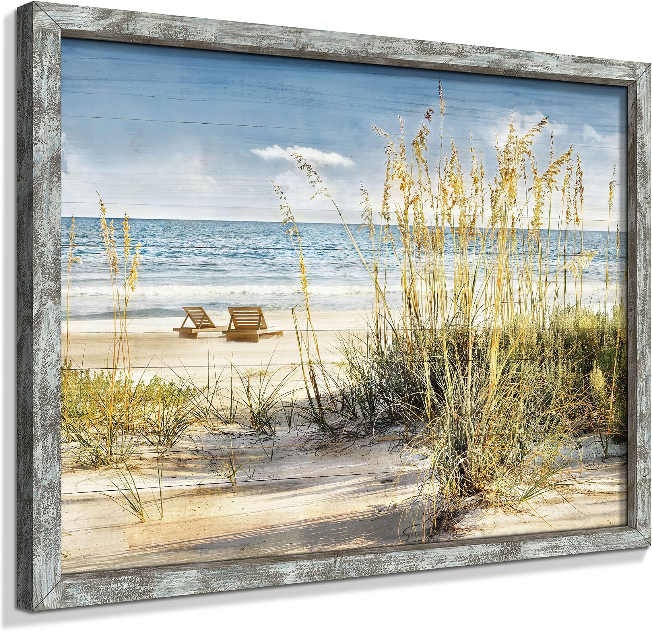 Beach Picture Wooden Artwork Framed: Coastal Wall Art Ocean Art Prints Seascape Wall Decor for Bathroom 16"x12"