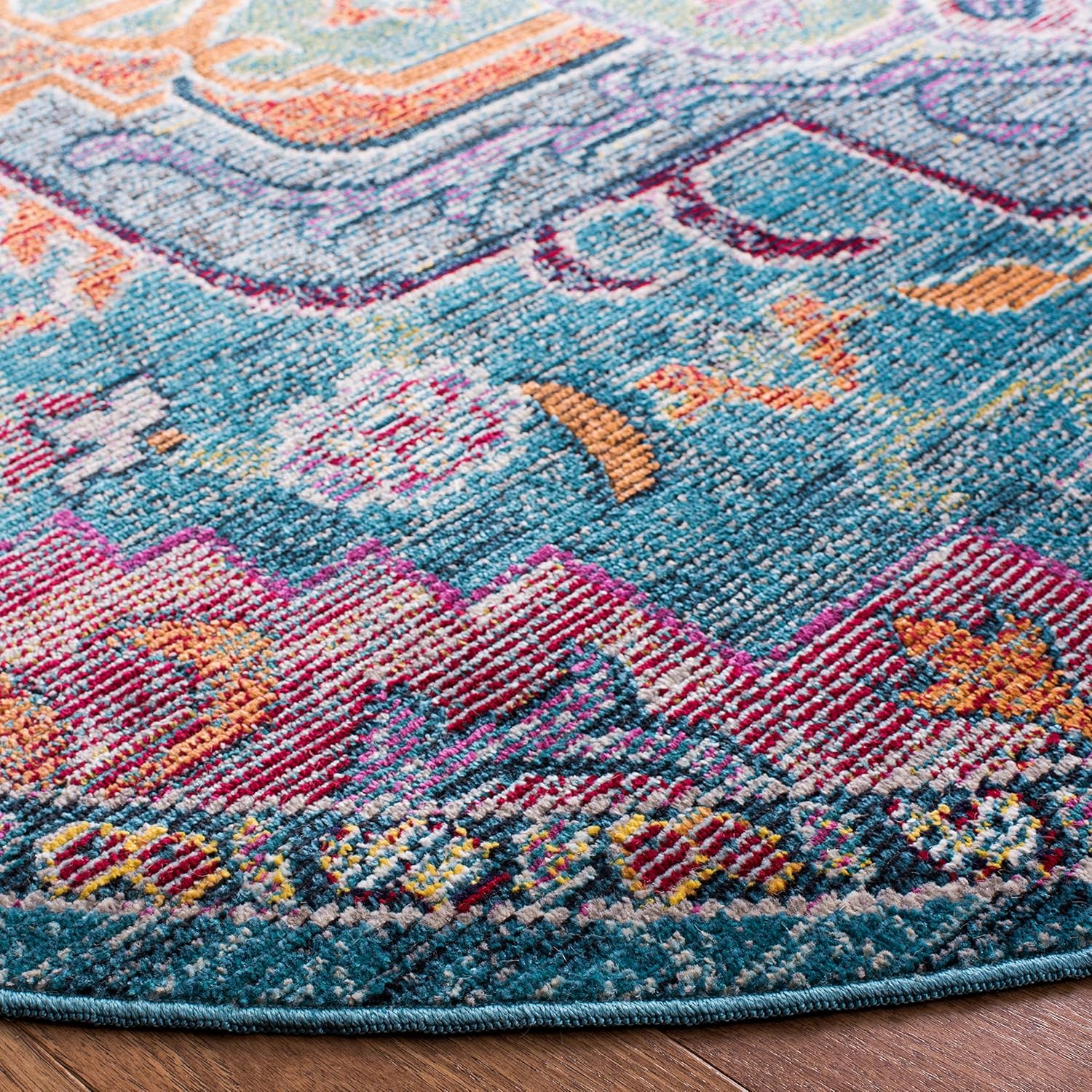 SAFAVIEH Crystal Collection Area Rug - 5' Round, Teal & Rose, Medallion Distressed Design, Non-Shedding & Easy Care, Ideal for High Traffic Areas in Living Room, Bedroom (CRS501T)