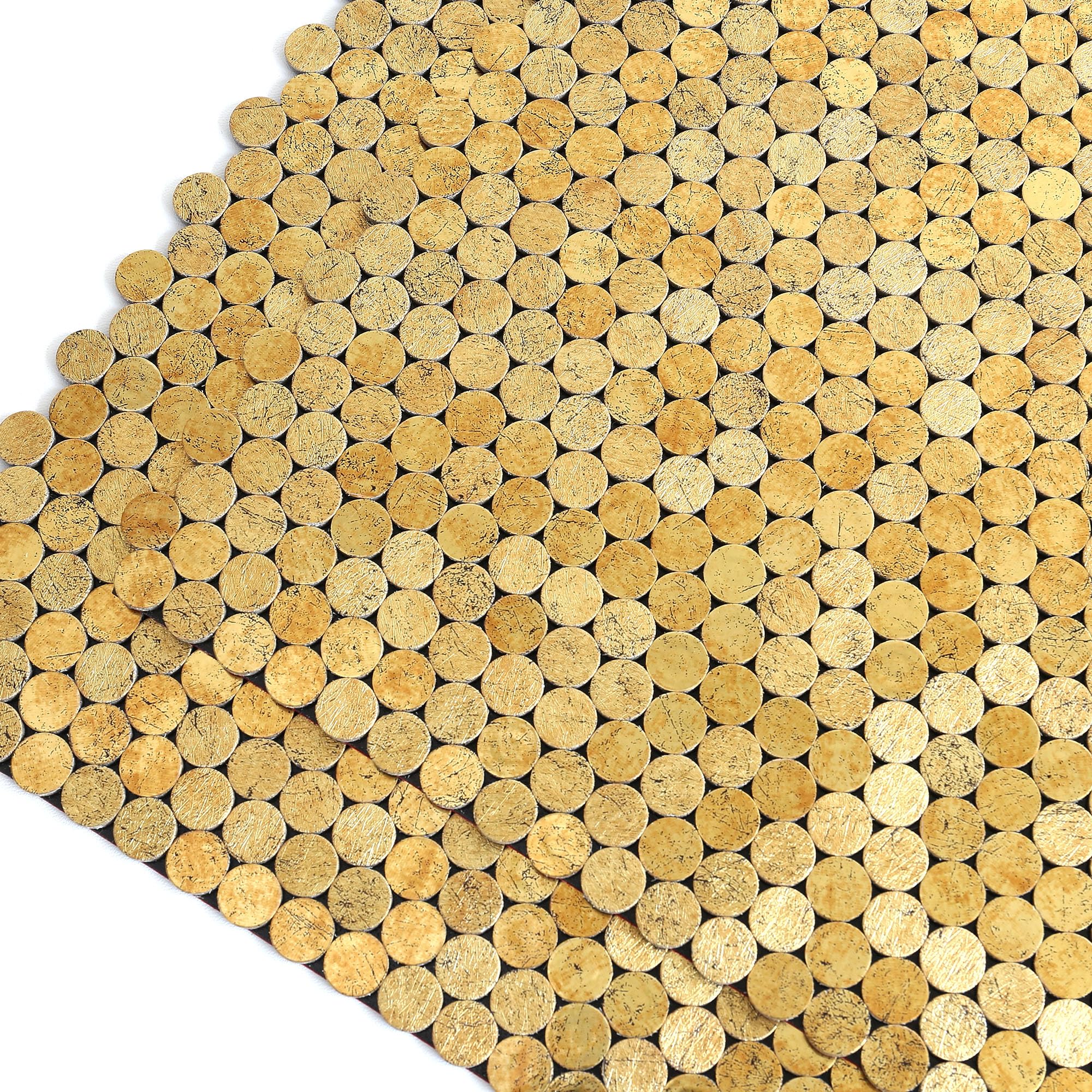 Small Penny Round Peel and Stick Backsplash Tile for Kitchen Wall,Metal Mosaic Tiles Stickers for Bathroom Behind Stove Fireplace (10sheets,Gold)