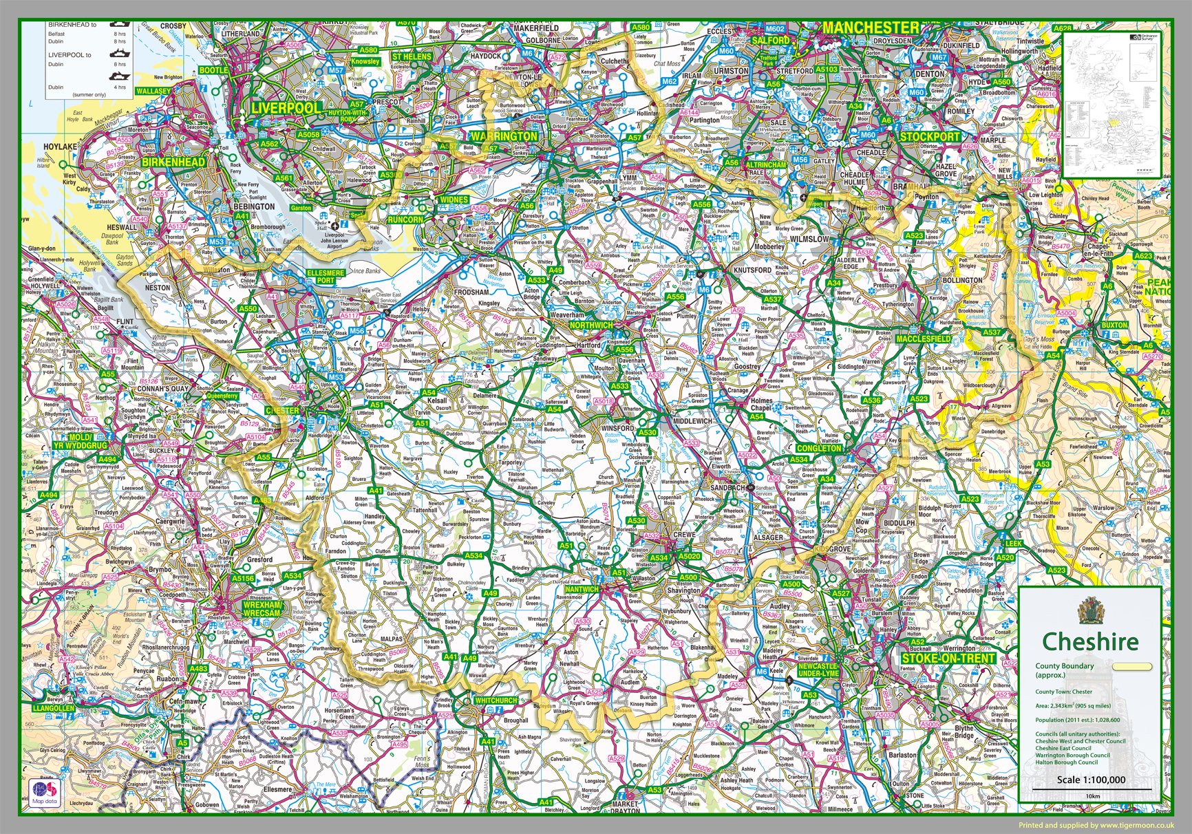 Cheshire - UK County Map Paper Laminated - 70 x 100 cm
