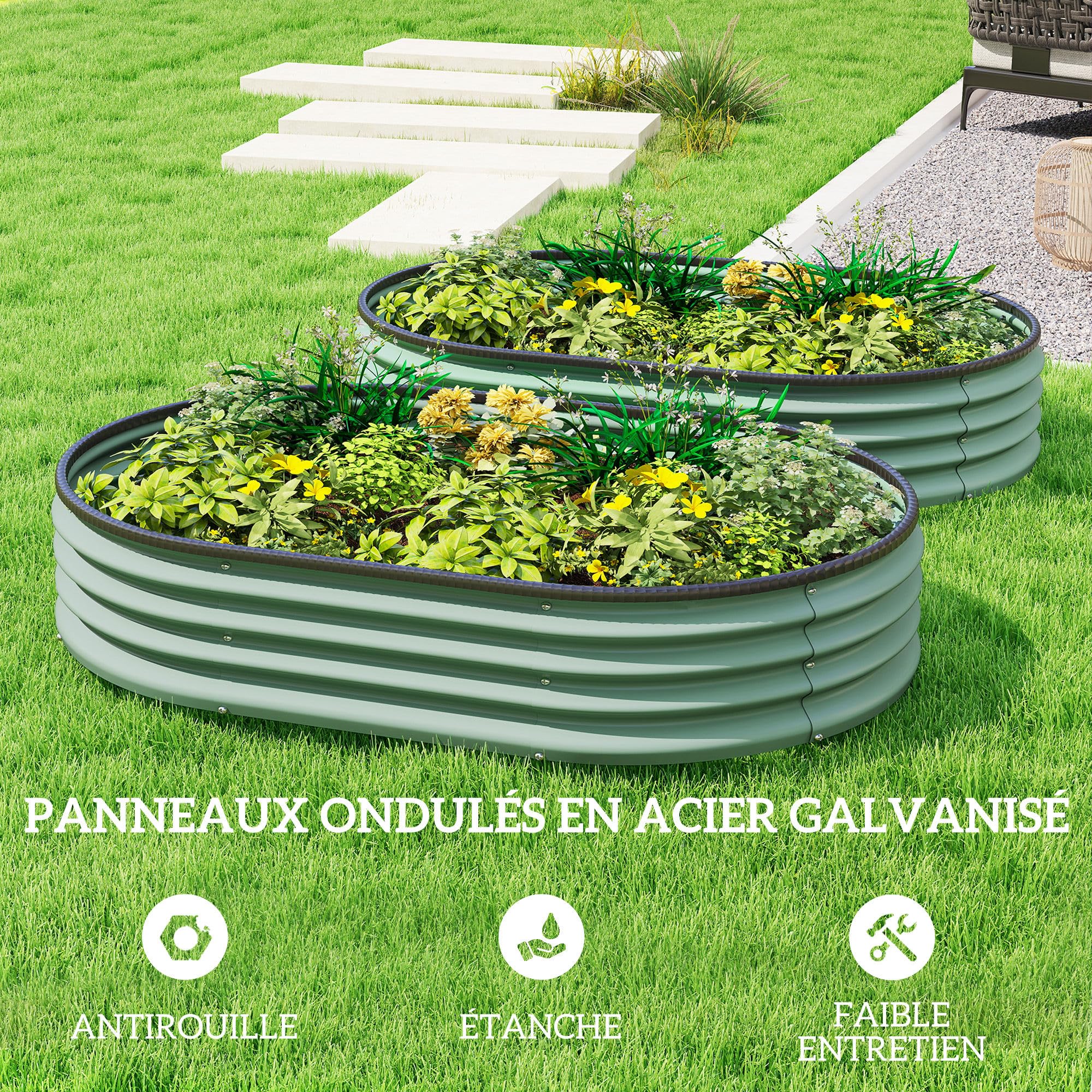 Outsunny Lot de 2 Carrés Potagers Acier Galvanisé 135 x 90 x 30 cm Vert