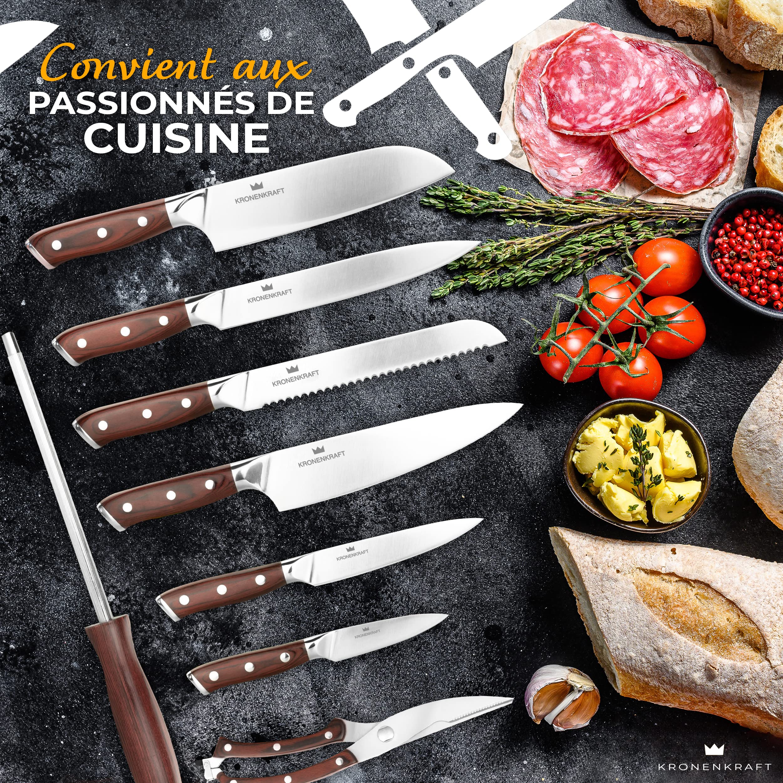 Set de Couteaux KRONENKRAFT® de 9 Pièces - Inclut Couteau de Chef, Couteau Santoku, et Plus - Fabriqué en Acier Allemand, Manche en Bois Pakka - Idéal pour Cuisine Professionnelle