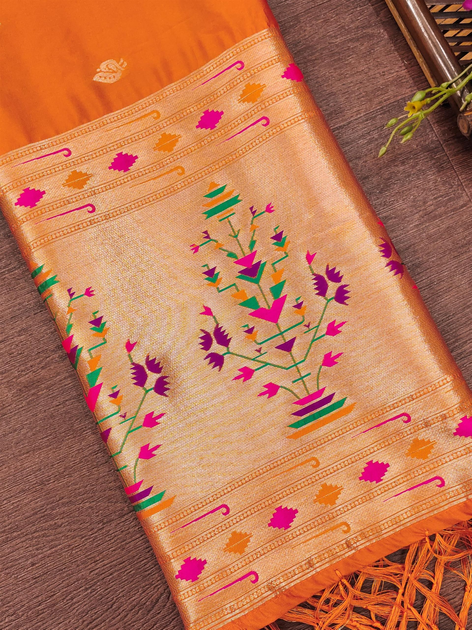 DEVANGI Women's Woven Paithani Banarasi Silk Dupatta/Chunni For Women, Floral Print 1 Meter Wide and 2.3 Meter Length Printed Designer Dupatta/Chunni For Girls(Orange) - Image 4 thumbnail