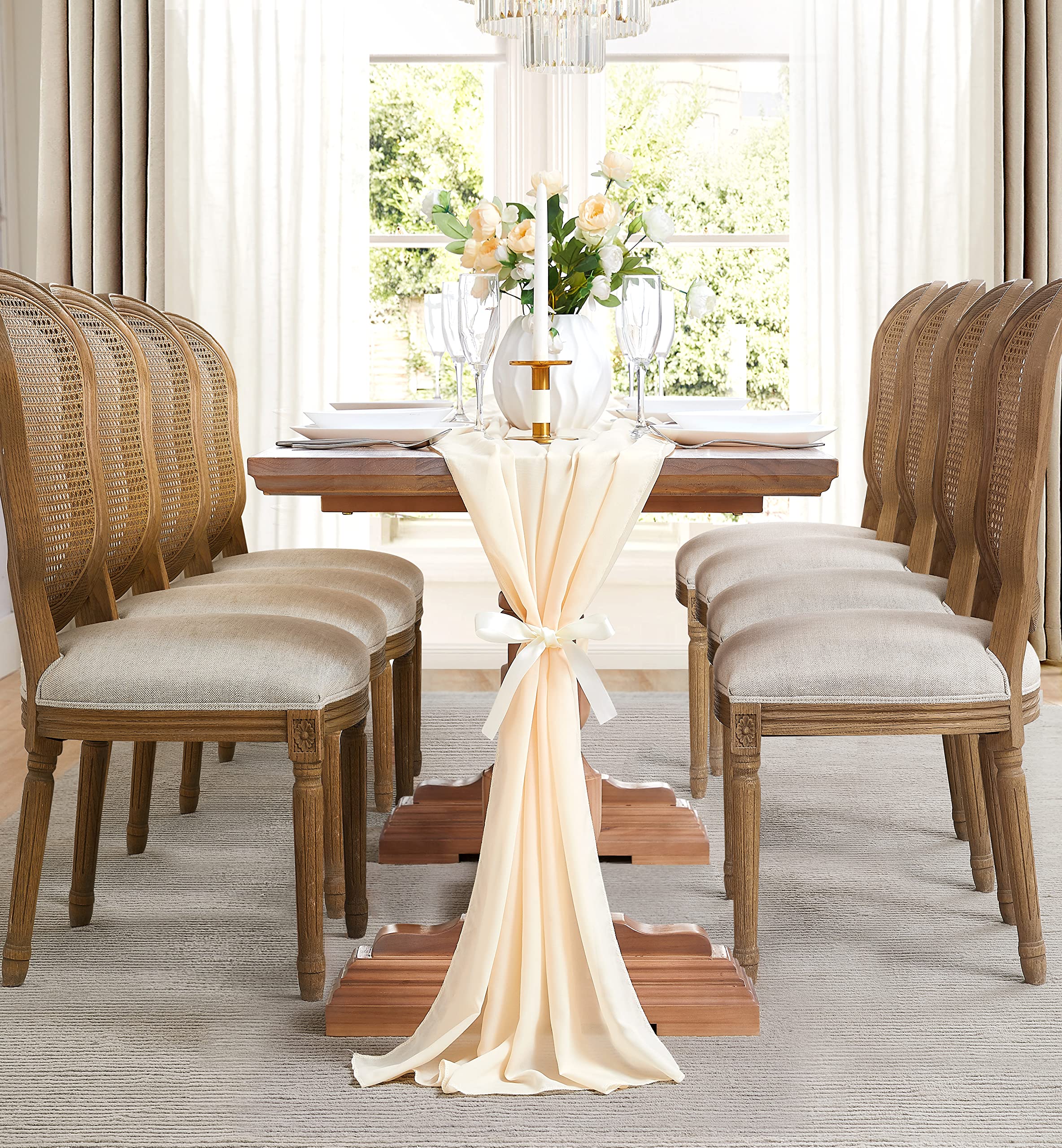 DecoPots16 Ft Long Beige Chiffon Table Runner with 2 Tie Backs Table Runner for Wedding, Baby and Bridal Shower, Anniversary Dinner, Birthday Celebration (35 x 192 inches, Beige)