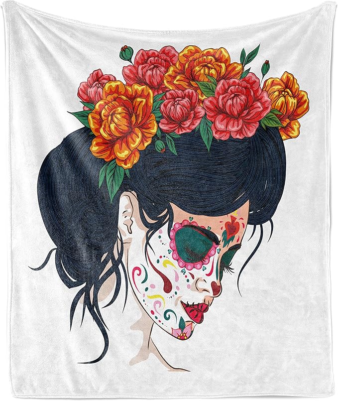 Ambesonne Day of The Dead Throw Blanket, Girl with Sugar Skull Makeup and Floral Wreath Cartoon Graphic, Flannel Fleece Accent Piece Soft Couch Cover for Adults, 50