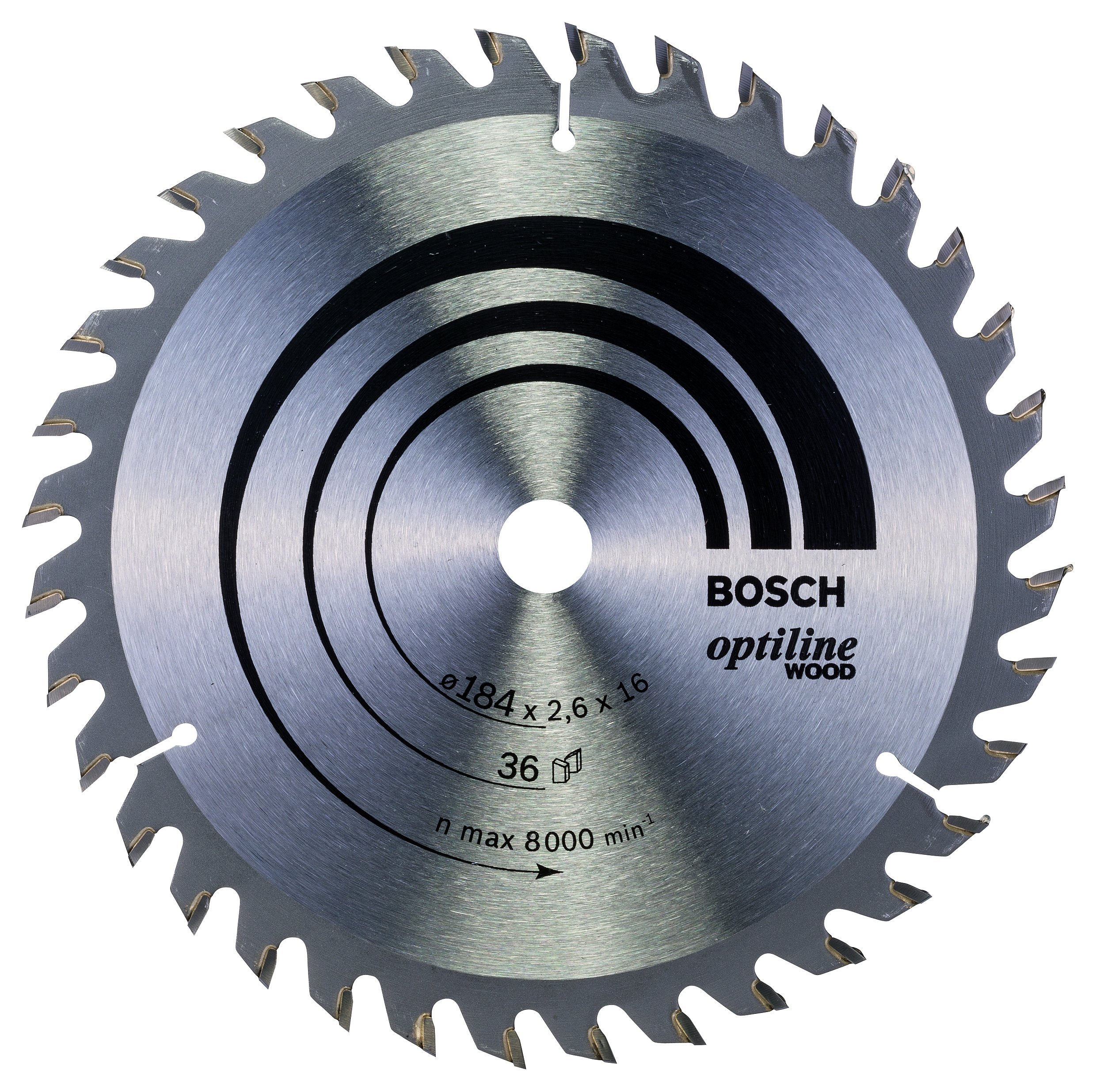 Bosch 2608640818 Optiline Wood Circular Hand Saw Blade, 184mm x 2.6mm x 16mm, 36 Teeth, Silver