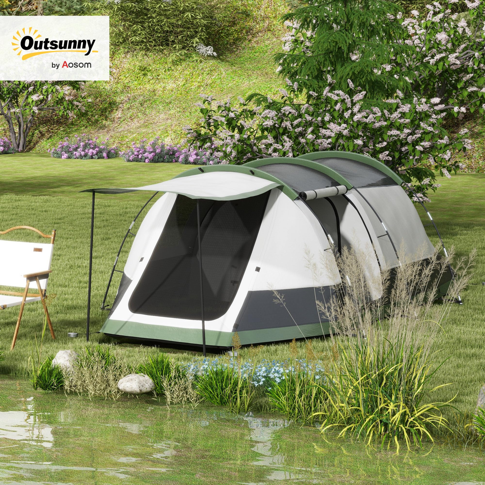 Outsunny Tente de Camping familiale 3-4 Personnes légère et ventilée, Tente Tunnel avec Porche étanche 3000 mm, Montage Facile, Sac de Transport Inclus, Gris