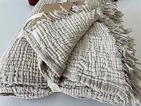 Vista 3 de Manta de muselina 100% algodón, colcha de 4 capas, funda de cama suave de muselina de algodón turco, colcha reversible, beige