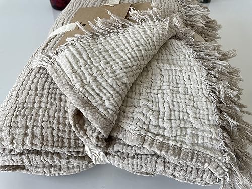 Miniatura 3 de Manta de muselina 100% algodón, colcha de 4 capas, suave muselina de algodón turco, colcha reversible, beige (tamaño King 95 x 102  90.6 x 102.4 in)