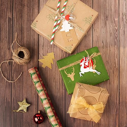 Miniatura 5 de RUSPEPA Papel de regalo de Navidad, papel kraft marrón con patrón rojo y verde para colección de elementos navideños, 6 rollos de 30 pulgadas x 10