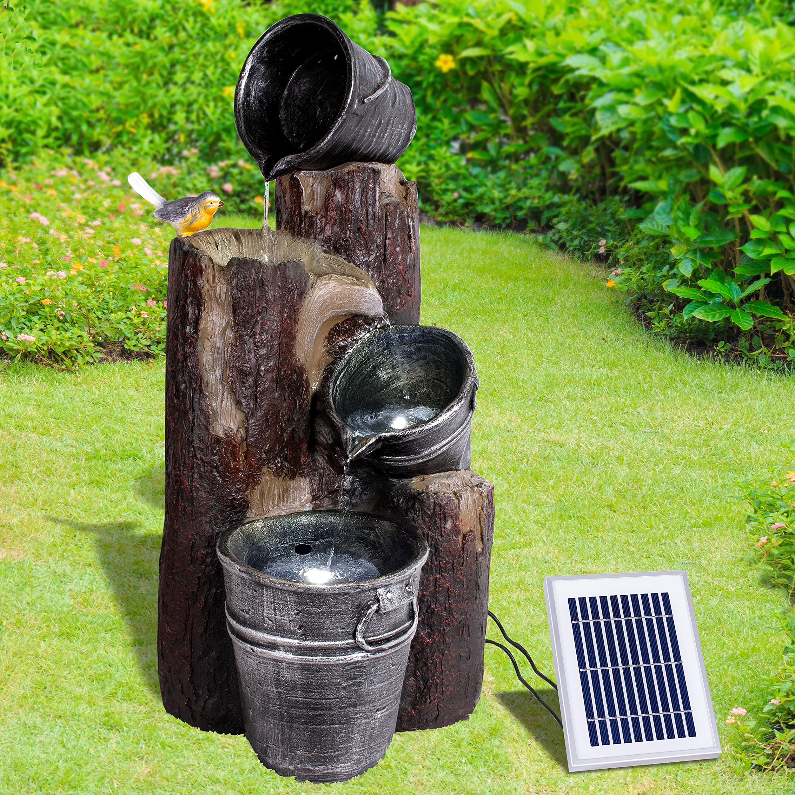 Fuente de Jardin Fuente de Agua en Cascada de 3 Niveles Fuente Decorativa Tronco de arbol para Jardines, Patios, Balcones, terrazas con iluminacion Solar, baterias de Iones de Litio y luz LED
