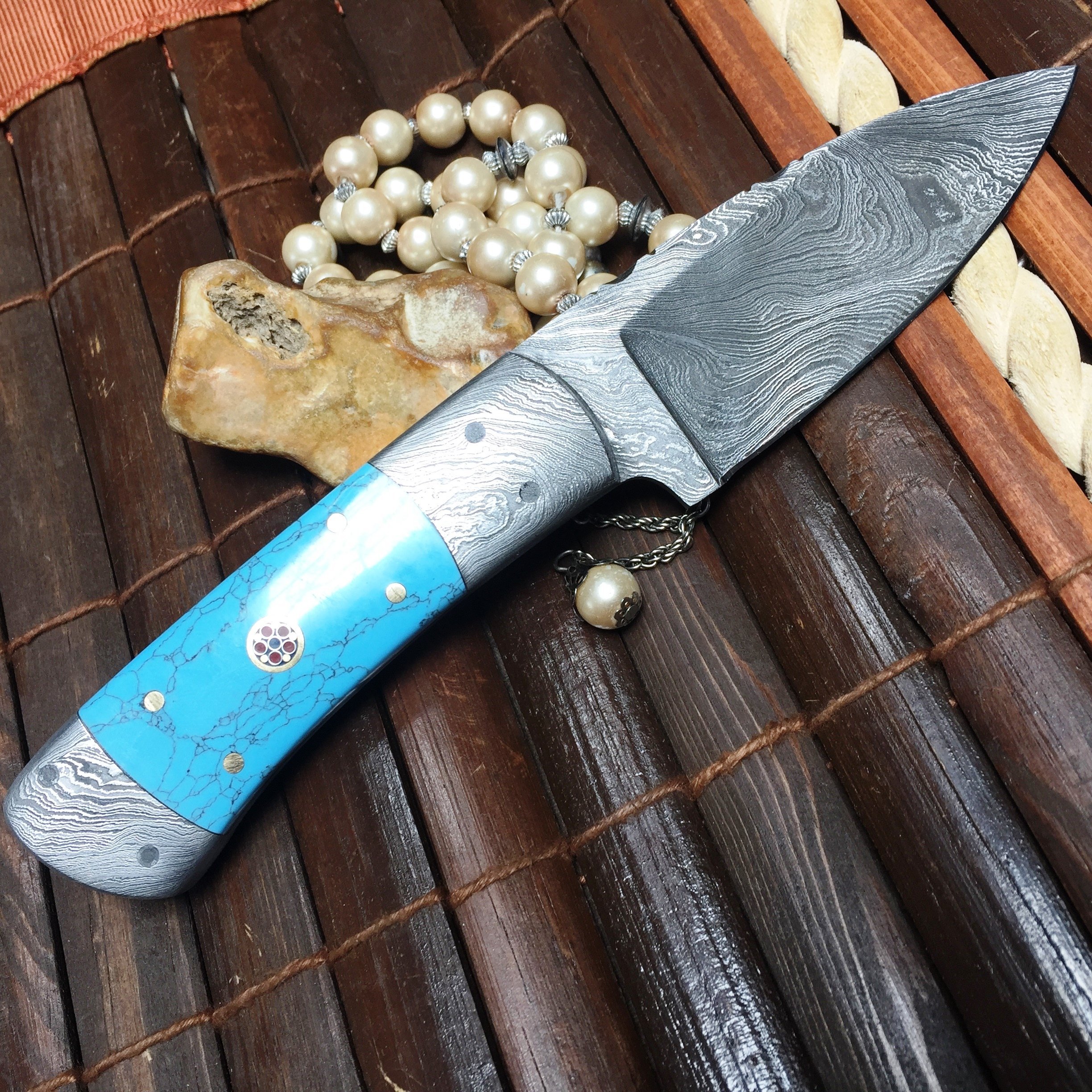 Perkin knives damasceński nóż myśliwski ze skórzanym etui