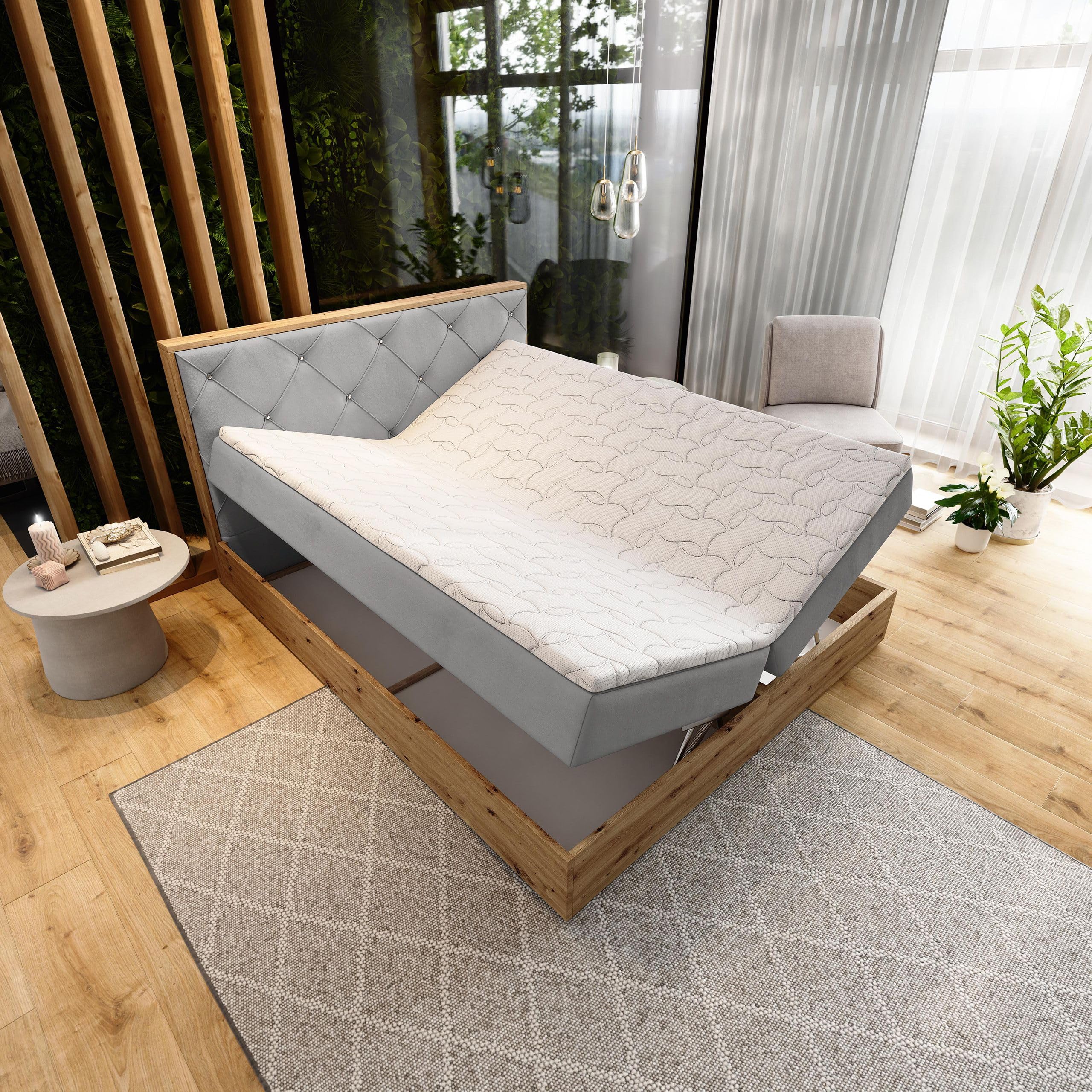 Masseno Boxspringbett FOSCO 140x200 cm Komplett-Set mit Matratze und Topper, Polsterbett mit Zwei Bettkästen -Grün, Kronos 19