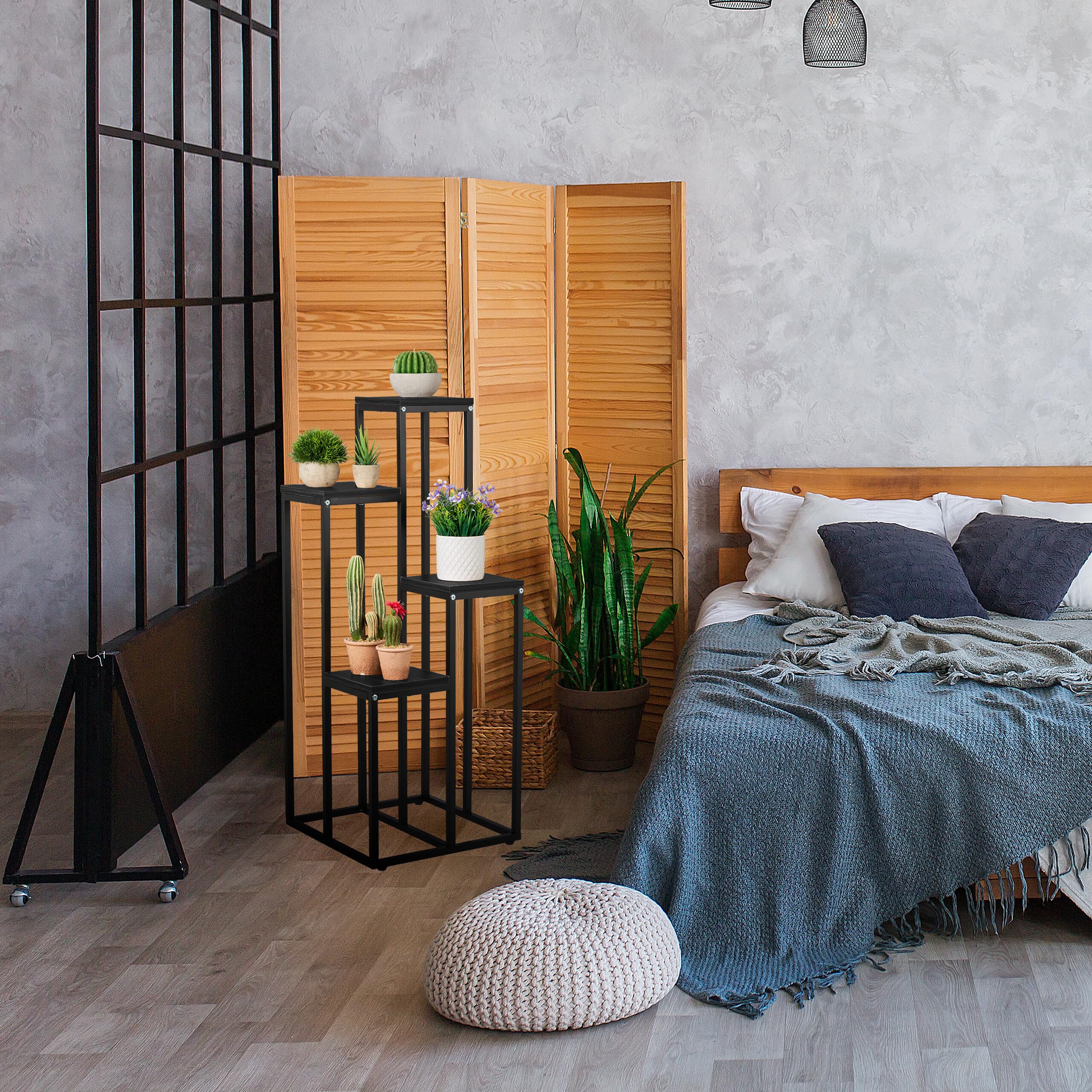 Relaxdays Étagère à Plantes, 4 Niveaux, HxLxP : 100x40x40 cm, Acier et MDF, escalier pour Fleurs, Noir