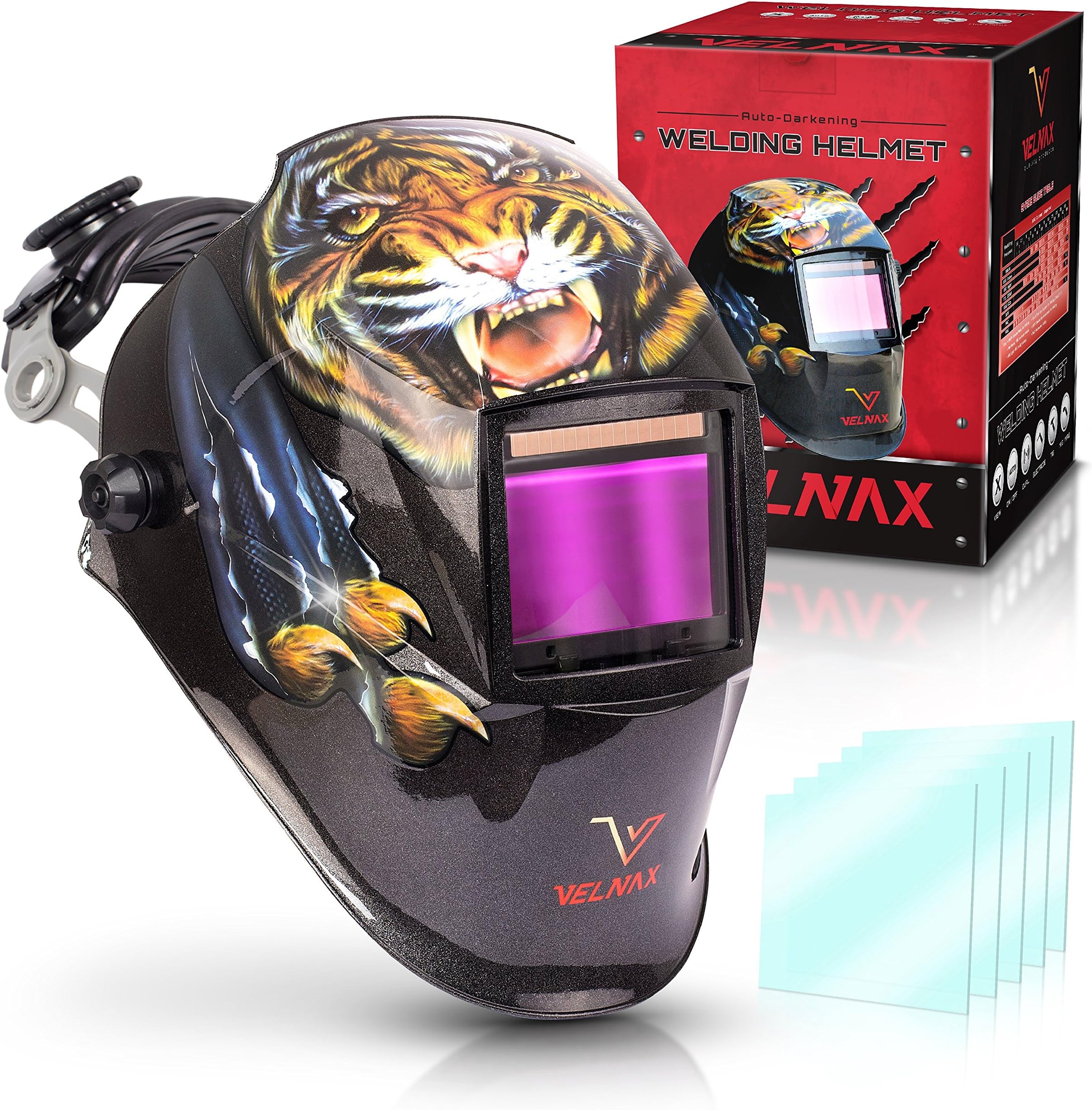 T7 Auto Darkening Welding Helmet: VERY COOL Solar Tiger Headgear for Grinding, Cutting, Tig Mig MMA Plasma, 6 Spare Lenses, Wide View, Outside Buttons