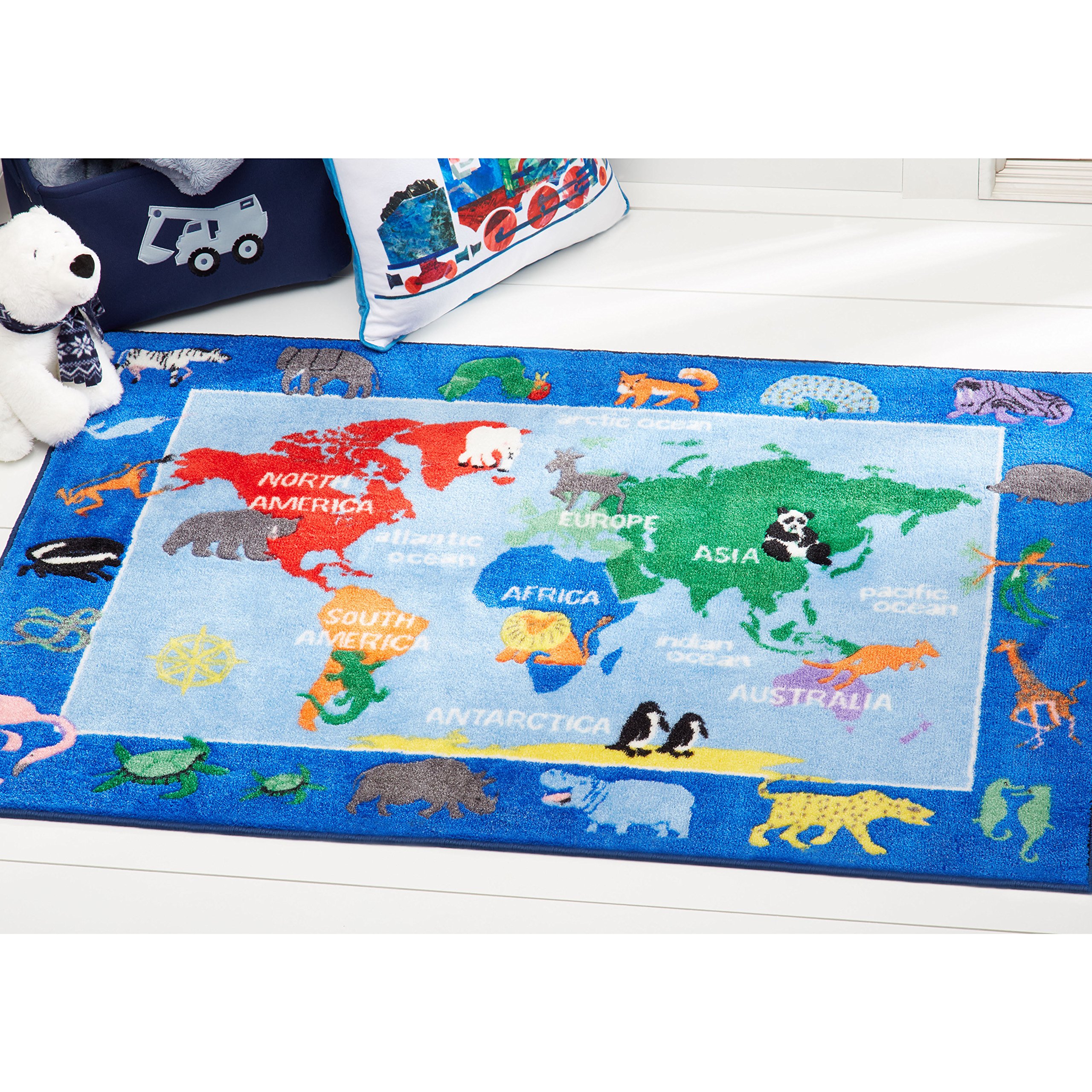 Eric Carle Elementary World Map Kids Machine Washable Area Rug Blue/Red, 35"x51"