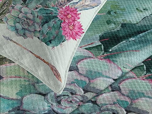 Miniatura 3 de Ambesonne Colcha de cactus, jardín de primavera, estilo bohemio, ramo de plantas espinosas, flores, flechas, plumas, juego de colcha decorativa