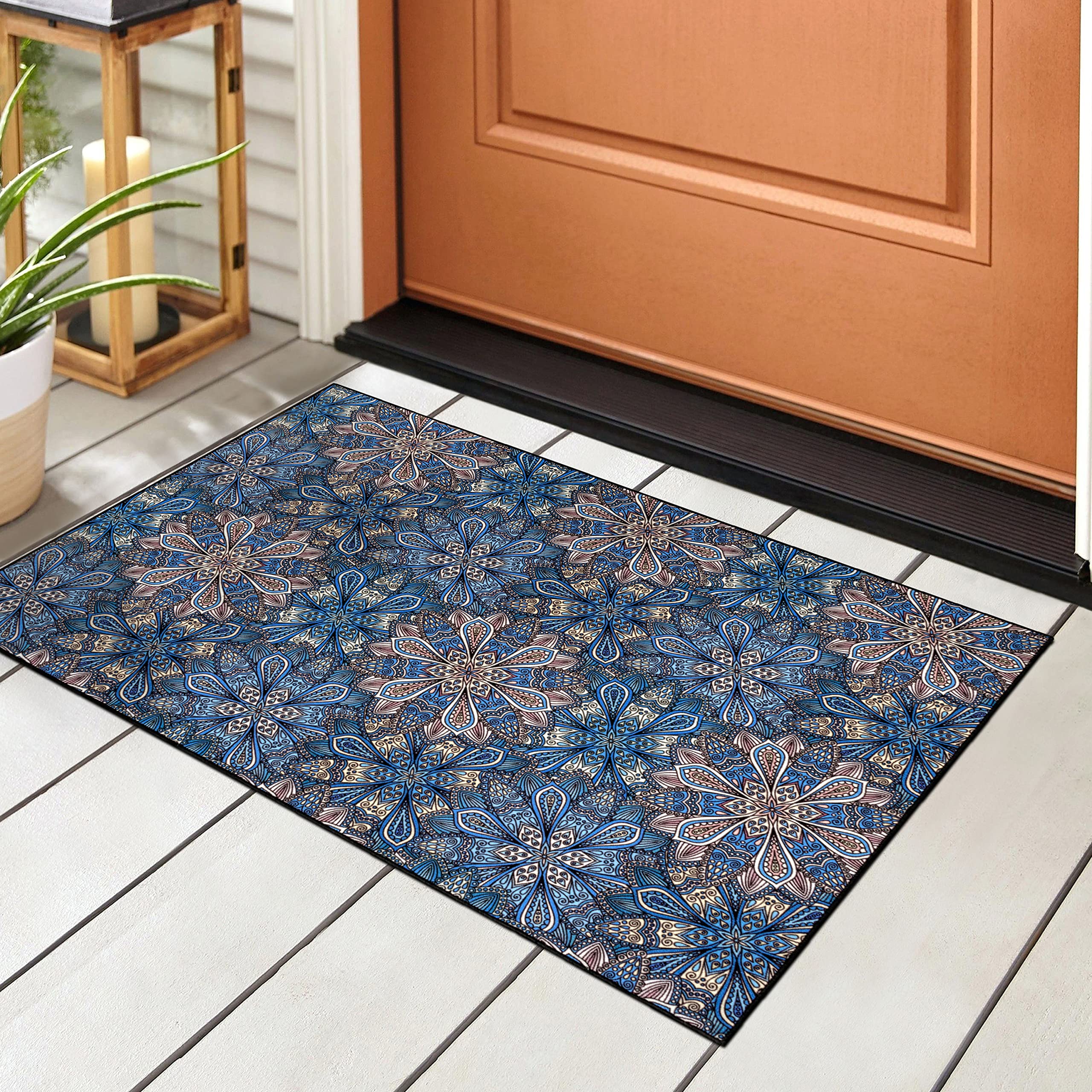 Superior Indoor Outdoor Area Rug, Non-Skid Foam Backing, Washable Decor for Patio, Backyard, Living Room, Bedroom, Entryway, Kitchen, Nursery, Bohemian Floral, Cassidy Collection, 2' x 3', Blue