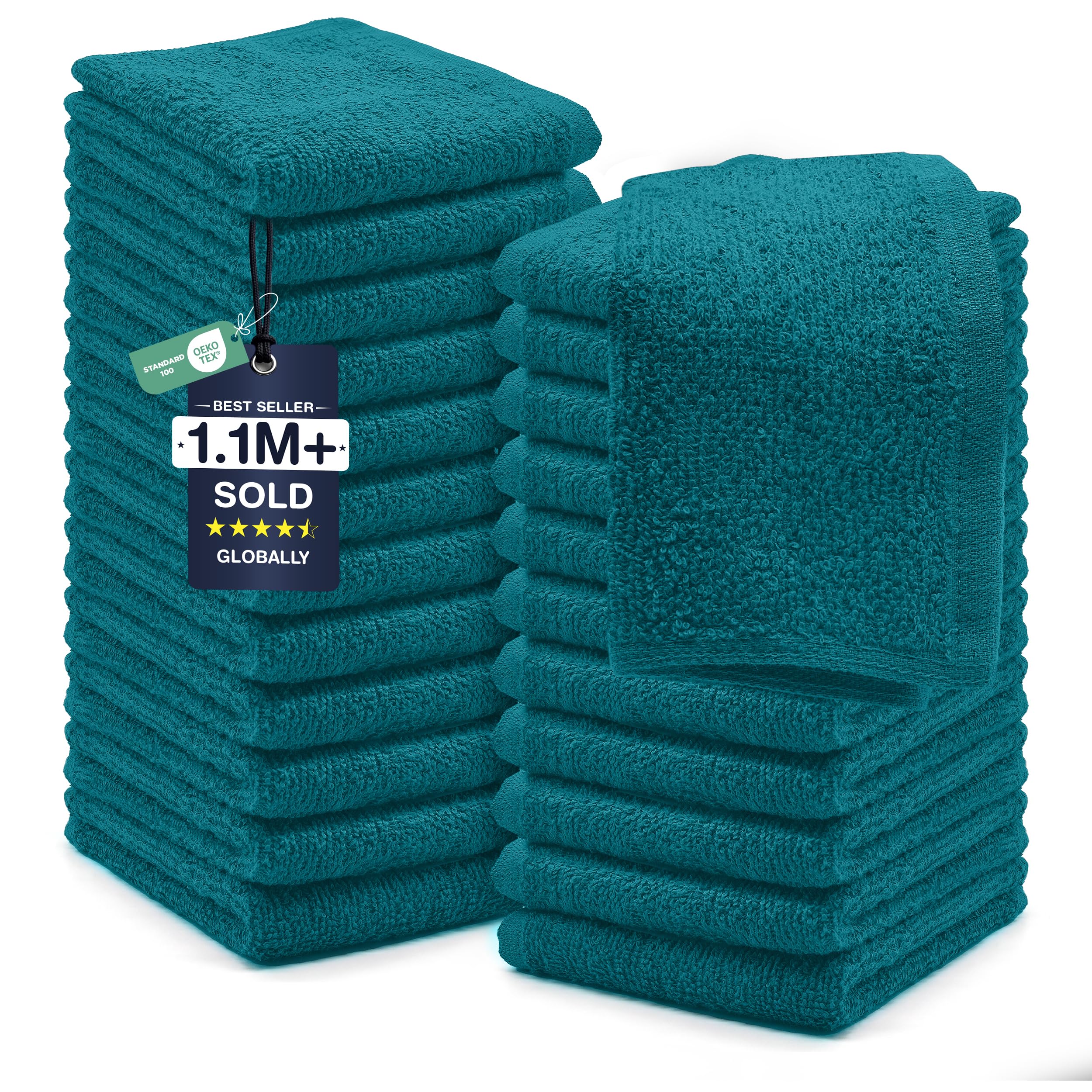 DAN RIVER 24 Pack Cotton Wash Cloths Set for Showering [12x12] Teal