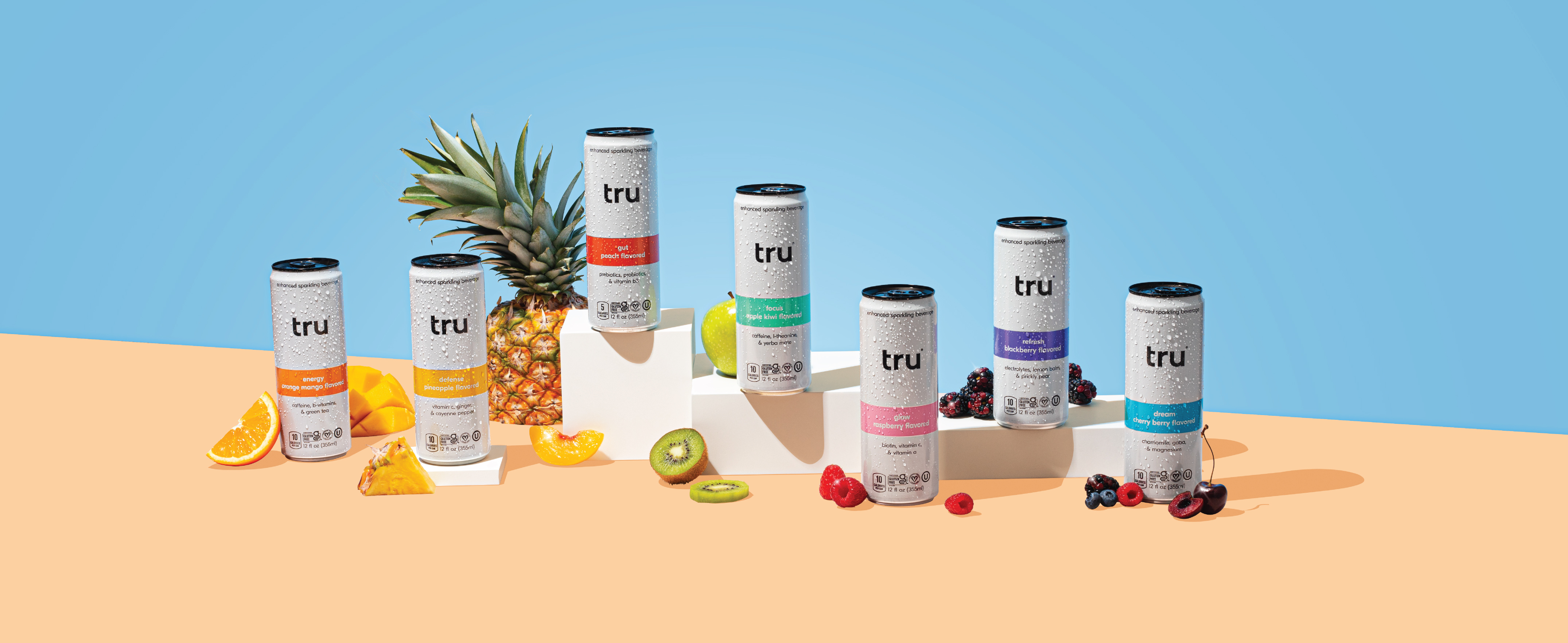 Tru Energy Seltzer, Sparkling Water with Natural Caffeine, Orange Mango Juice, Green Tea Extract & B Vitamins, Lightly Carbonated Energy Drink, Gluten Free, Vegan, Low Calorie, 12 FL OZ Cans, 12 Pack
