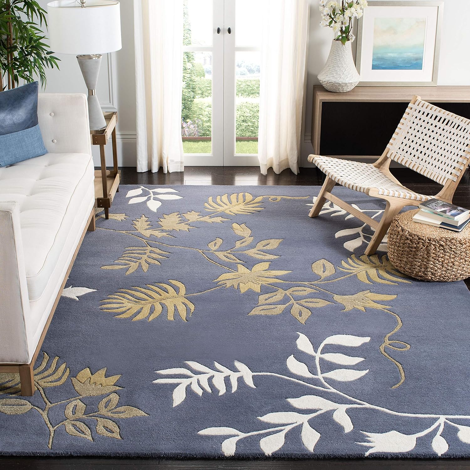 Handmade Dark Grey Wool Square Area Rug with Floral Design